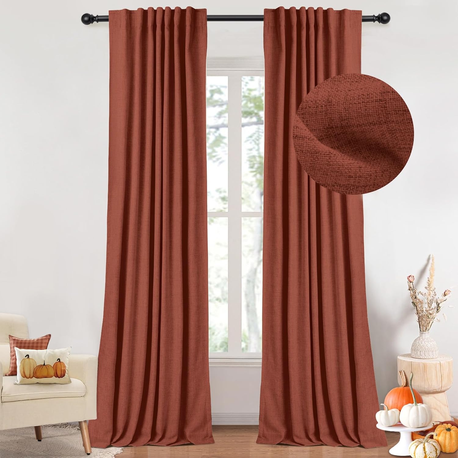 INOVADAY Cortinas 100% opacas para dormitorio de 108 pulgadas de largo, juego de 2 paneles de cortinas opacas de lino, con pestaña trasera, bolsillo