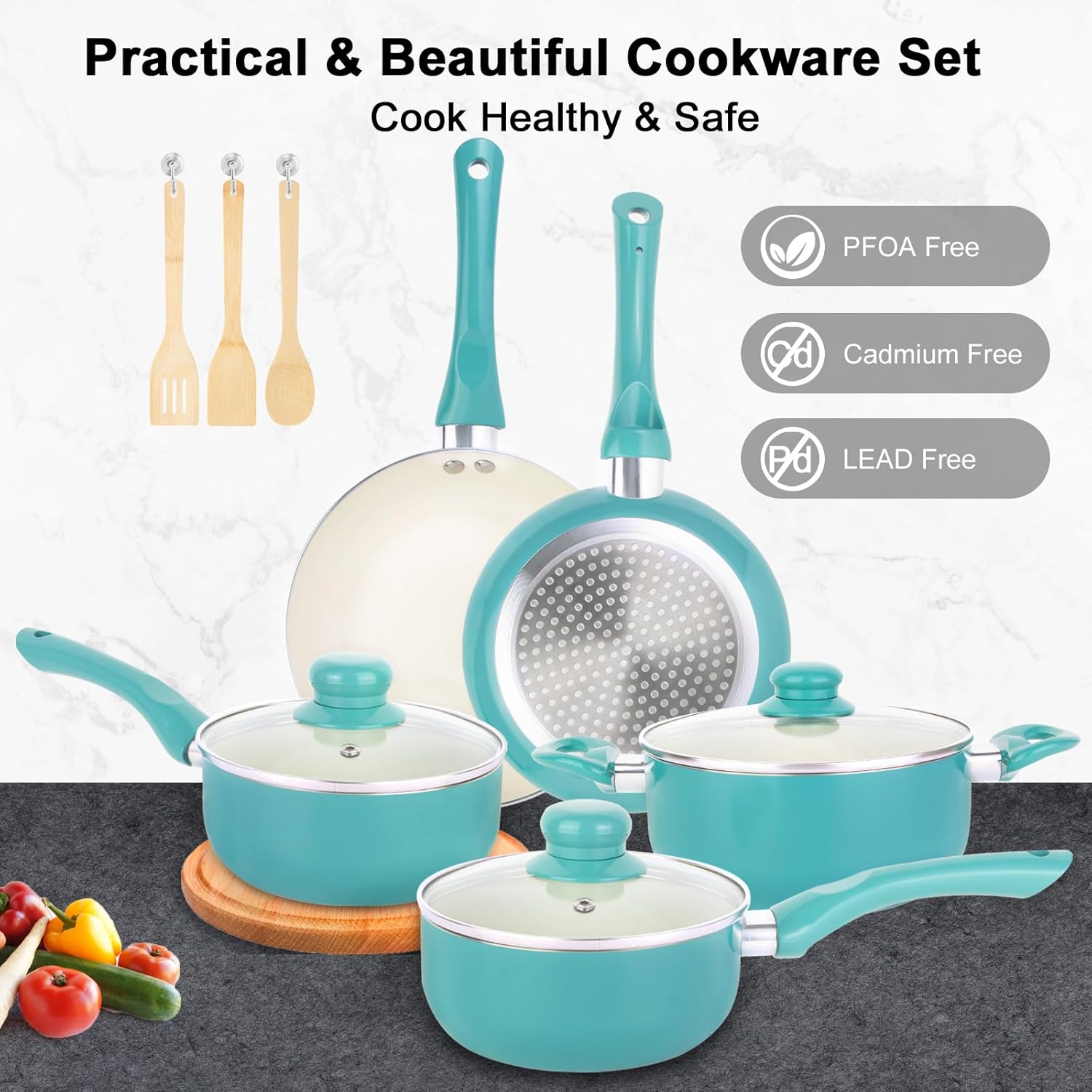 M MELENTA Juego de ollas y sartenes antiadherentes, 11 piezas de utensilios de cocina de inducción, juego de cocina antiadherente de cerámica, mango