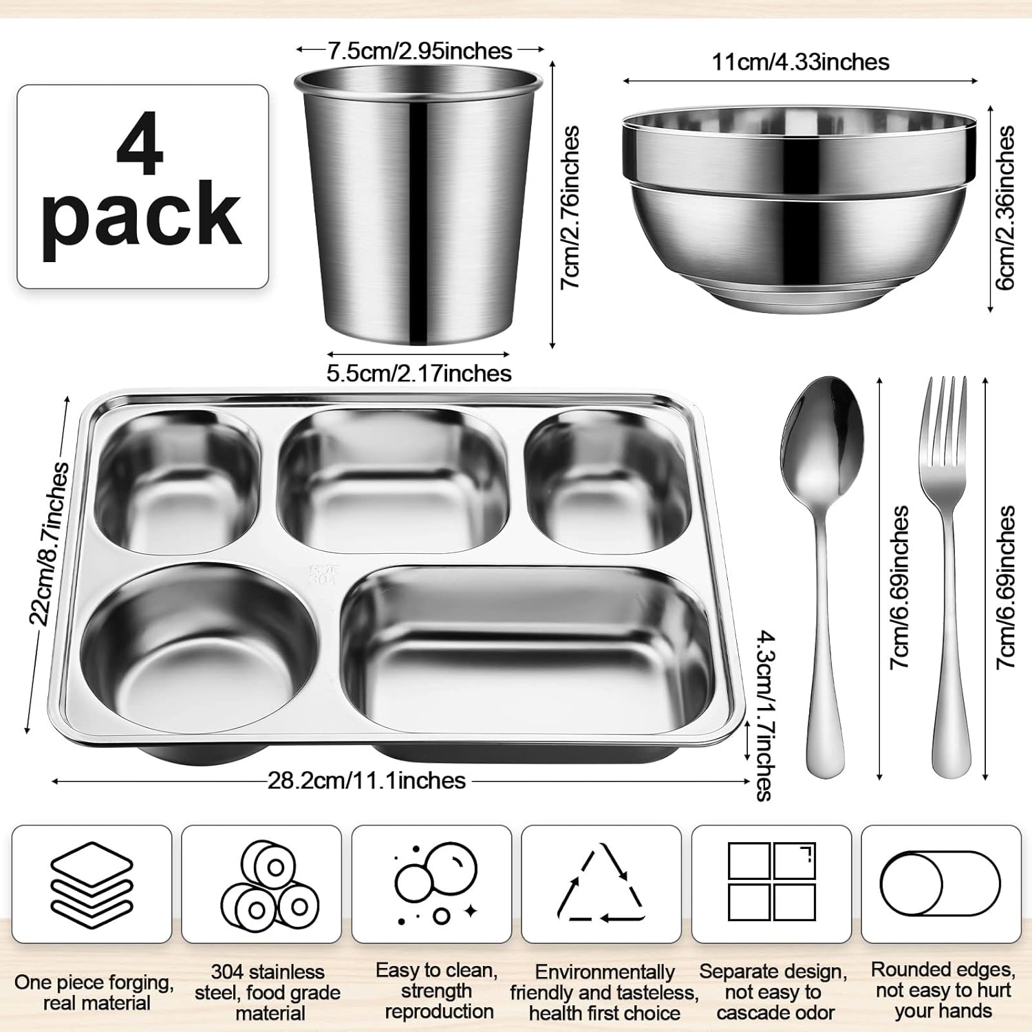 Juego de vajilla de acero inoxidable de 20 piezas, incluye bandeja rectangular dividida de acero inoxidable, cucharas, tenedores, juego de tazas de