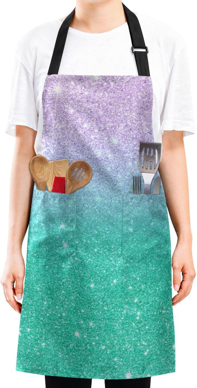RPLIFE Green Yellow Glitter Chef Mens Apron, Two Pocket Cobbler Apron, Waterproof Apron Pockets, Cookie Baking Apron