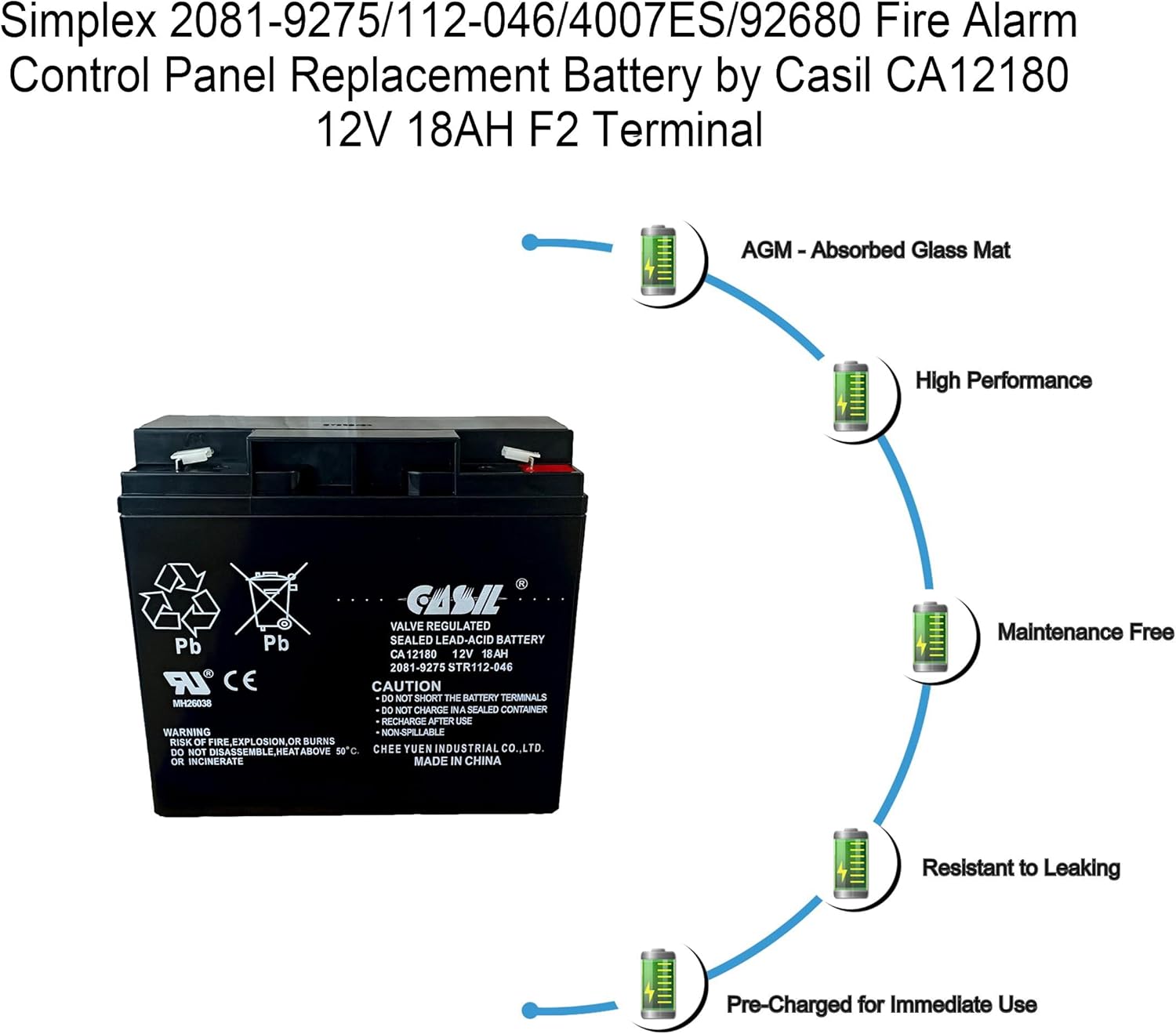Casil Batería de repuesto de terminal F2 de 12 V 18 Ah compatible con panel de control de alarma de incendio Simplex 112-046, paquete de 2