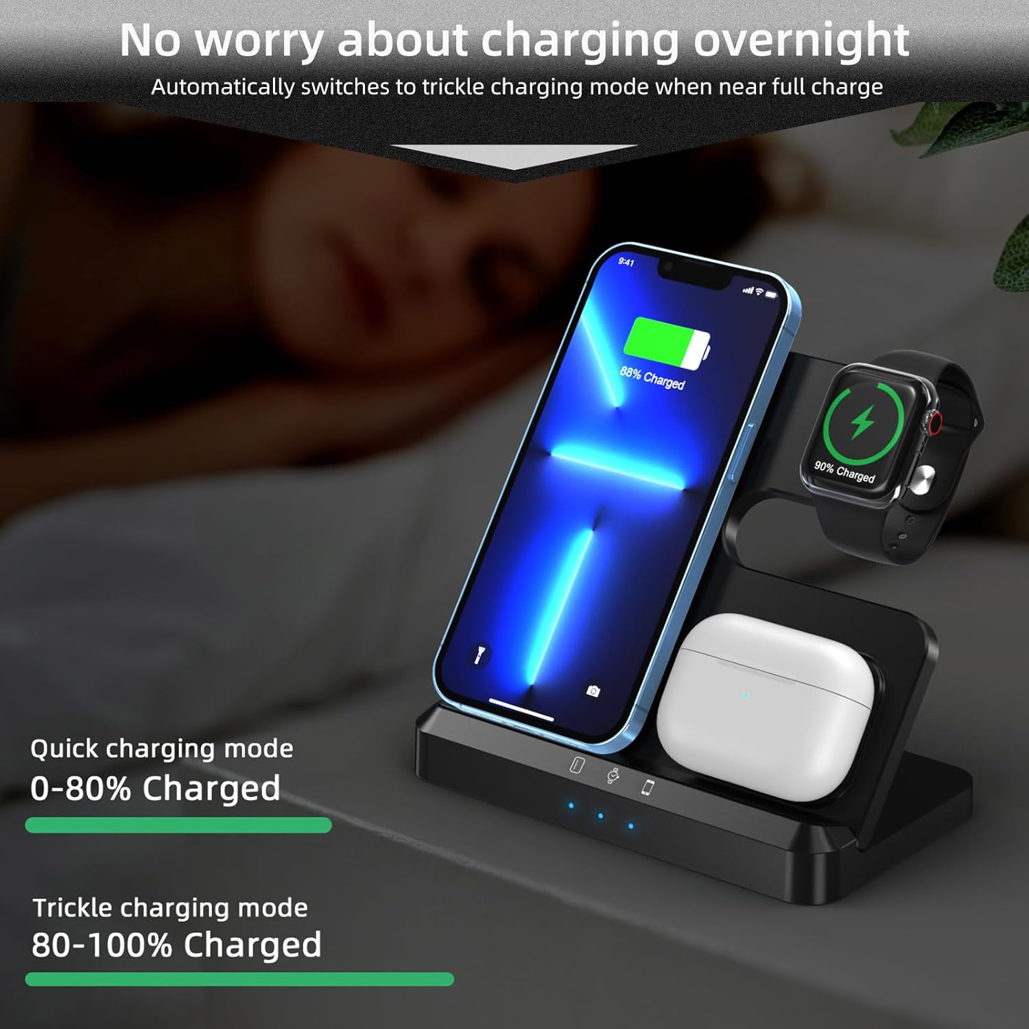 Cargador inalámbrico, estación de carga inalámbrica 3 en 1 para iPhone 15 14 13 12 11 Pro MaxX8, soporte de cargador para Apple Watch Series 9 8