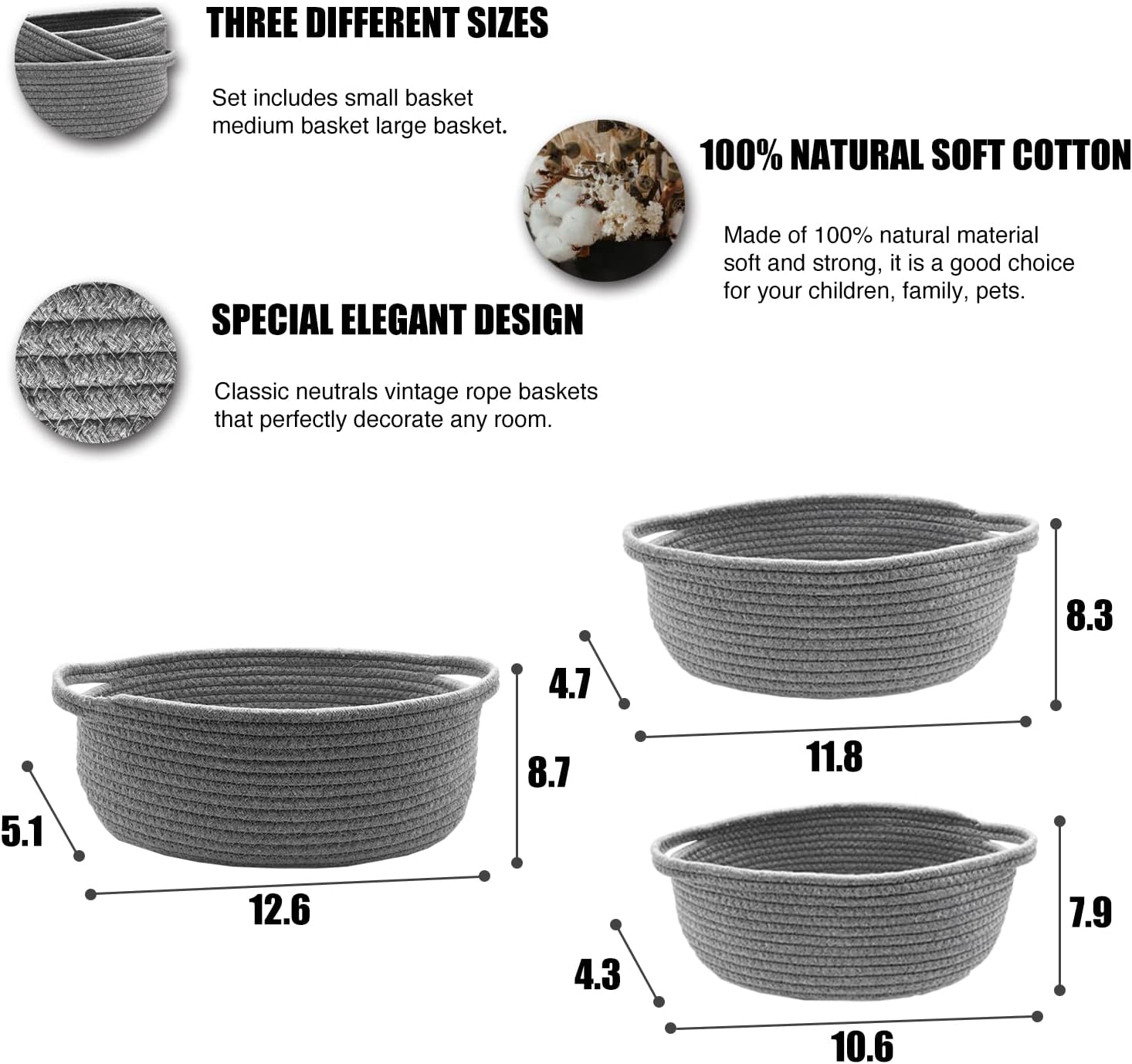 Juego de 3 canastas organizadoras para estantes, armario, juguetes, cestas de almacenamiento de cuerda tejida para organizar, cesta decorativa