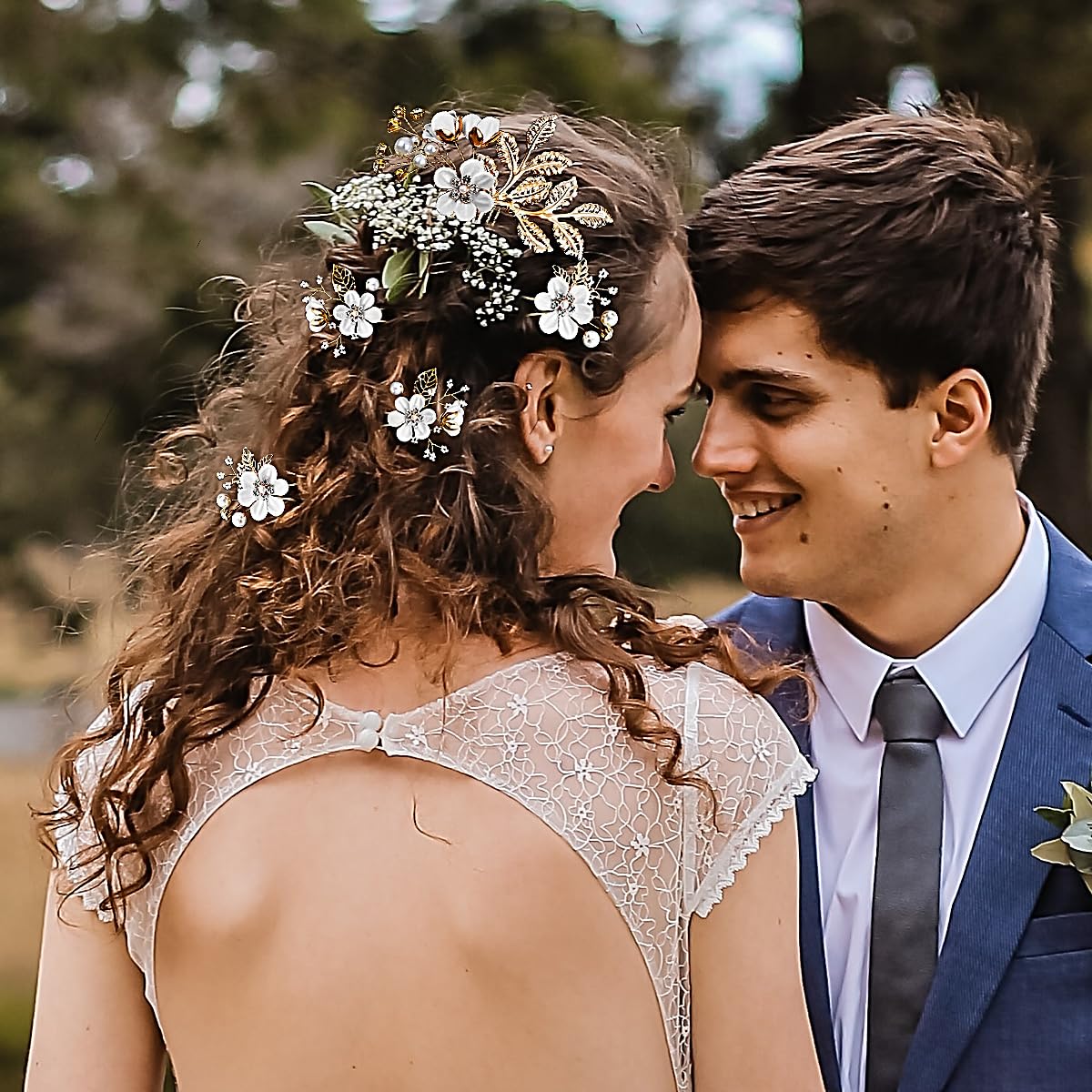 5 pinzas para el pelo de boda con flores de cristal, perlas de cristal, para novias, flores blancas, accesorios dorados para el cabello, joyería de