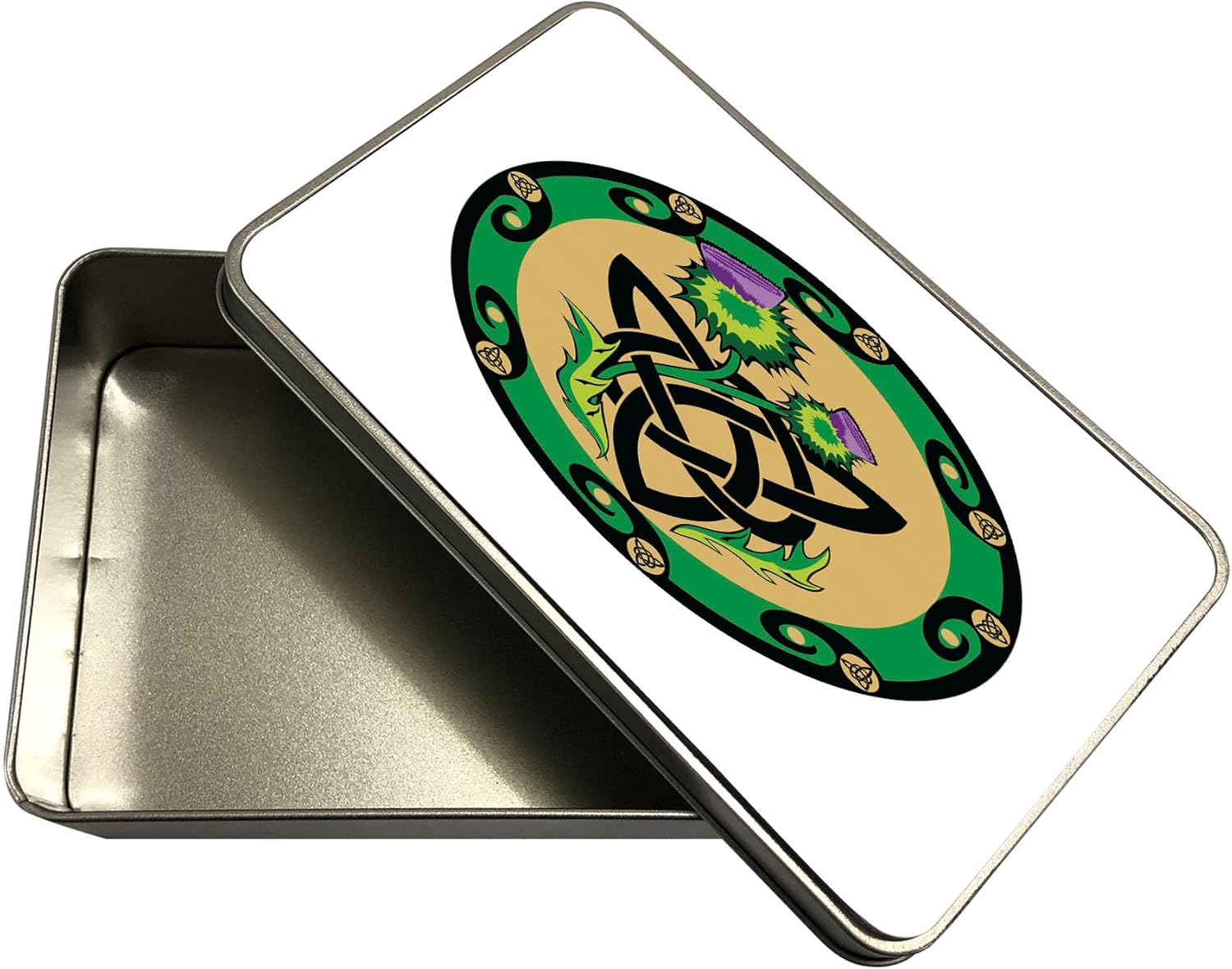 Ambesonne Thistle Metal Box, Thistle Petal and Stems with Thorns in a Circular Border of Celtic Knot, Multi-Purpose Rectangular Tin Box Container