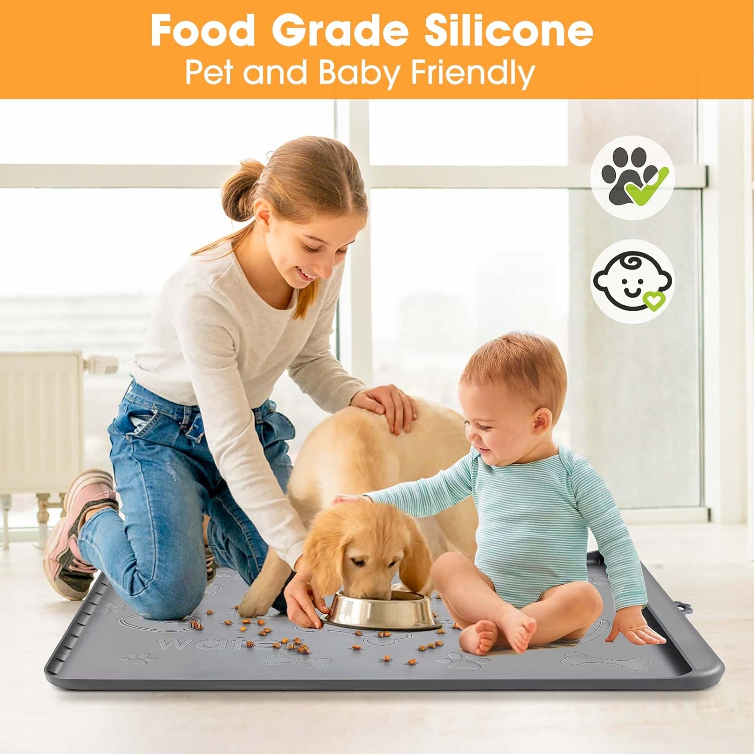 Tapete de comida para perros con bolsillo, tapete de silicona impermeable para alimentos y agua, 36 x 24 pulgadas, tapete de alimentación extra