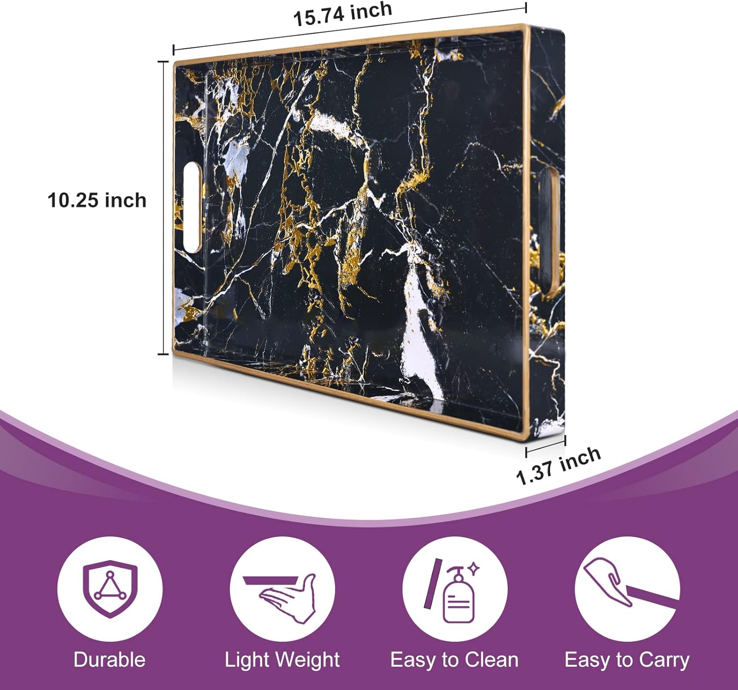 Gifturbo Bandeja negra para servir, bandejas decorativas de mármol con asas, bandeja de mesa auxiliar, bandejas de plástico rectangulares otomanas