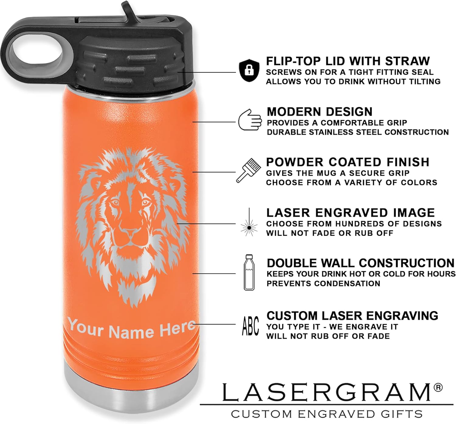 LaserGram Botella de agua de doble pared abatible de 20 onzas con pajilla, animadora, grabado personalizado incluido (naranja)