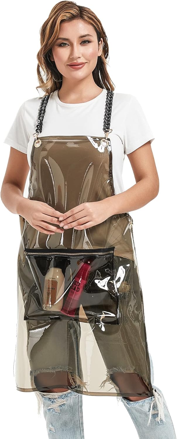 Delantal de peluquero con bolsillo, delantal transparente impermeable, talla única, cadenas ajustables
