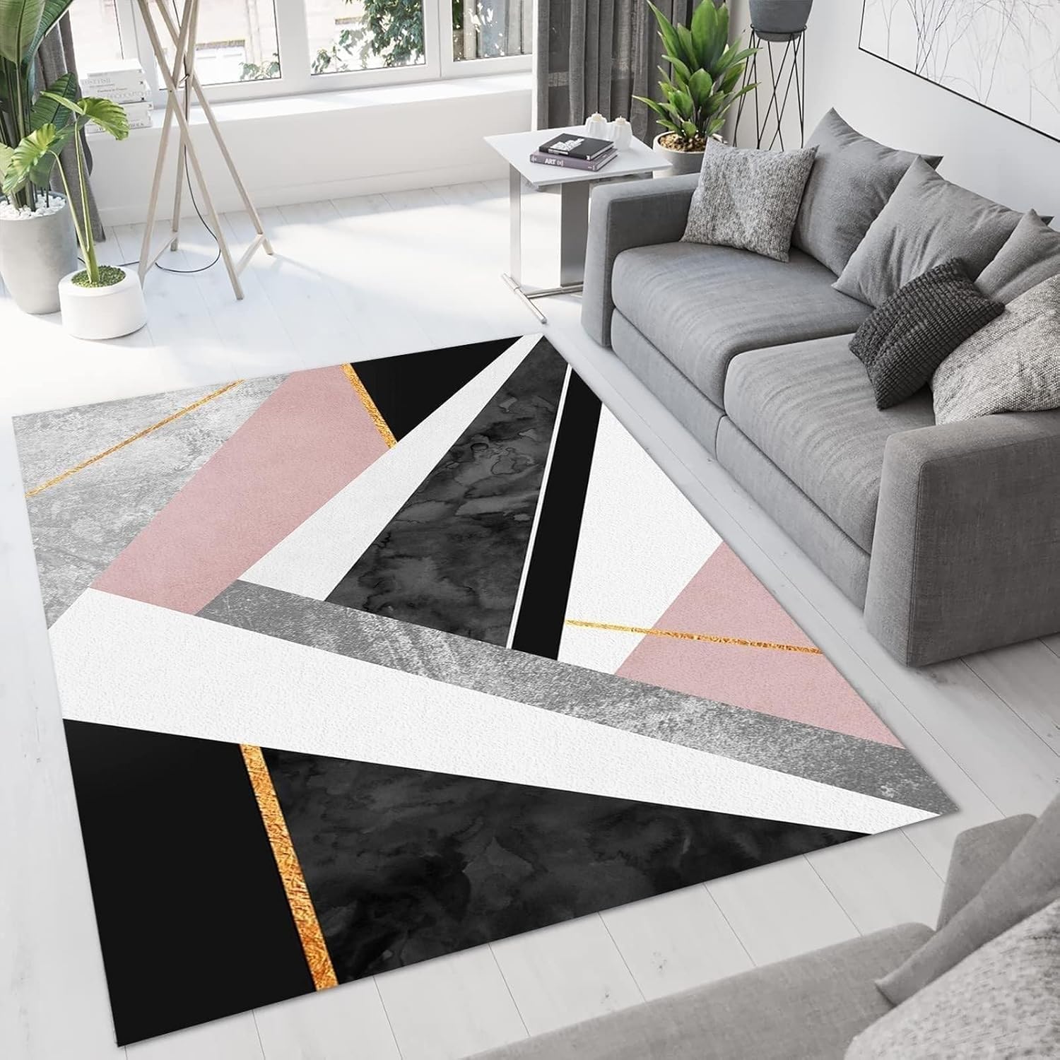 Alfombra geométrica de mármol rosa dorado, gris, blanco, rosa, negro, alfombra lavable a máquina para interiores con respaldo antideslizante para
