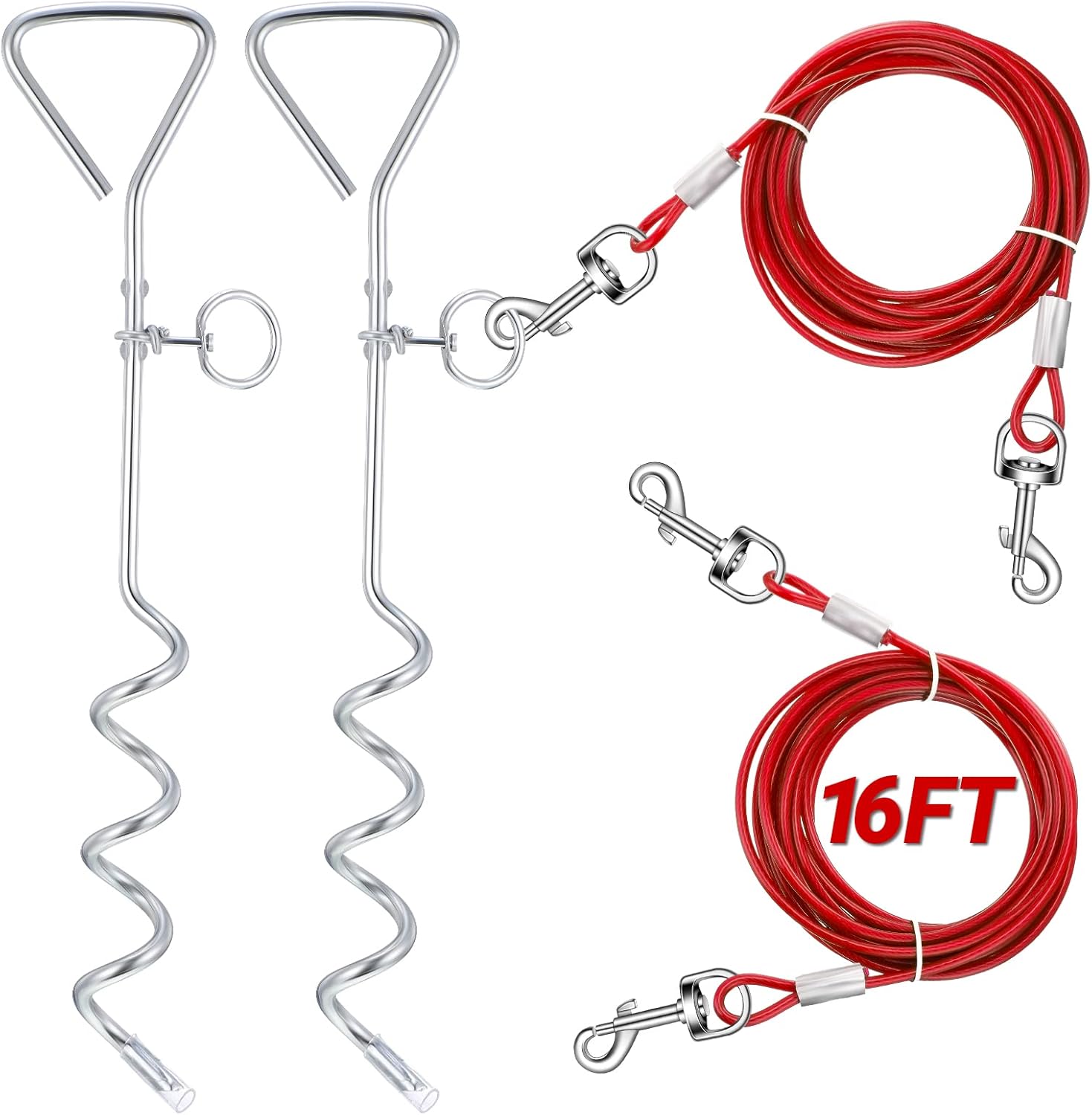 Amylove 2 cables y estaca de amarre para perro, cadena exterior de 16 pies para perros medianos a grandes de hasta 125 libras, estaca espiral