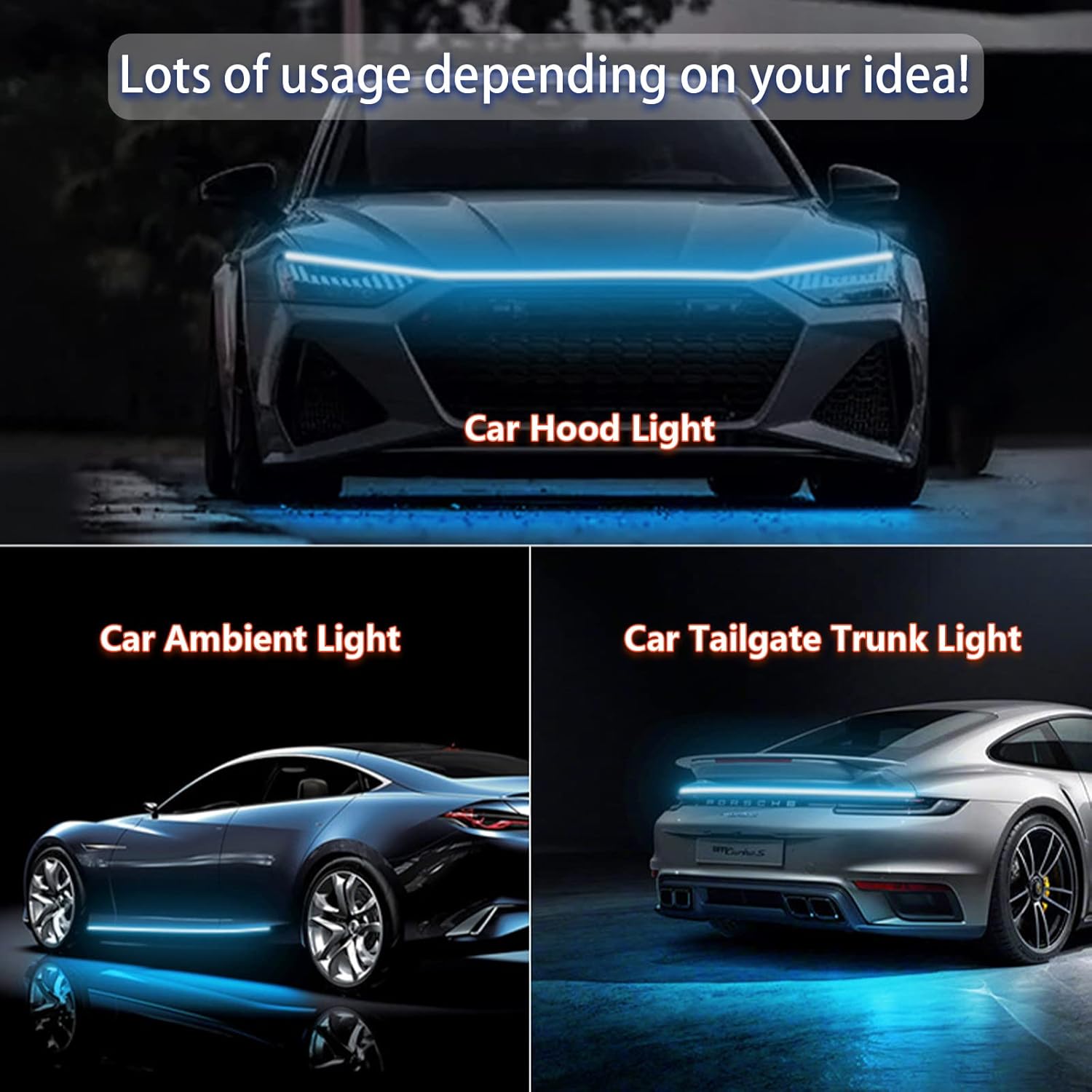 Tira de luz para capó de automóvil, 79 pulgadas, color azul hielo, tira de luces LED para capó, flexible, impermeable, escaneo dinámico DC12V, luces