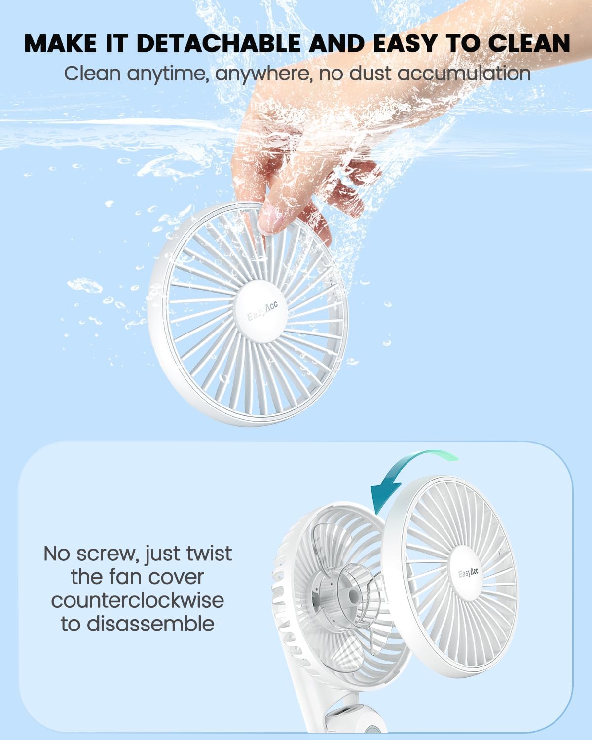 EasyAcc Ventilador de mano portátil, ventilador personal recargable de 5000 mAh 32H, ventilador personal recargable de 5 velocidades, potente y
