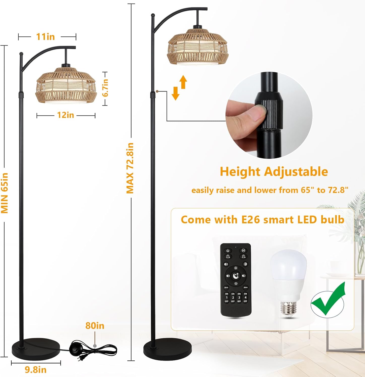 Lámparas de pie de arco para sala de estar, lámpara de pie de ratán negro con control remoto, bombilla inteligente, lámpara de pie bohemia regulable