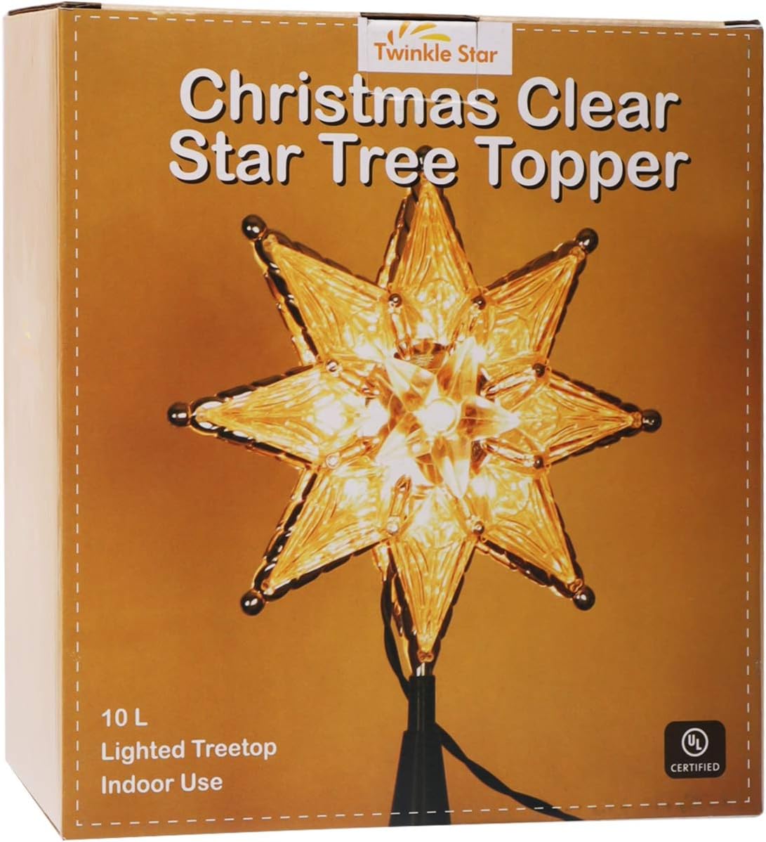 Twinkle Star Decoración para árbol de Navidad iluminada, estrella transparente de 8 puntos con 10 miniluces incandescentes, decoración de árbol de