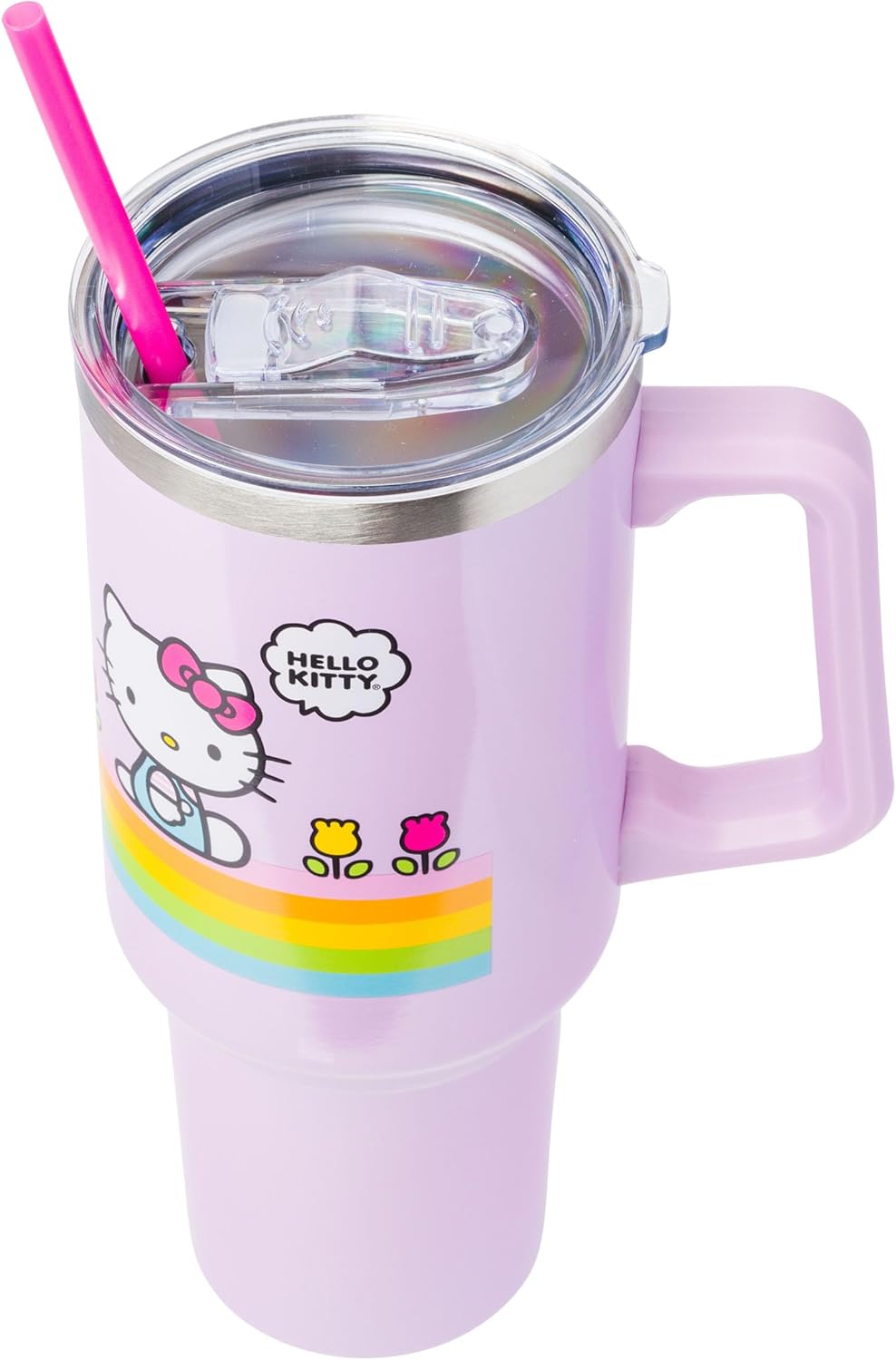 Silver Buffalo Sanrio – Vaso de acero inoxidable con asa y pajilla, diseño de flores de primavera y verano, diseño de flores de primavera y verano,