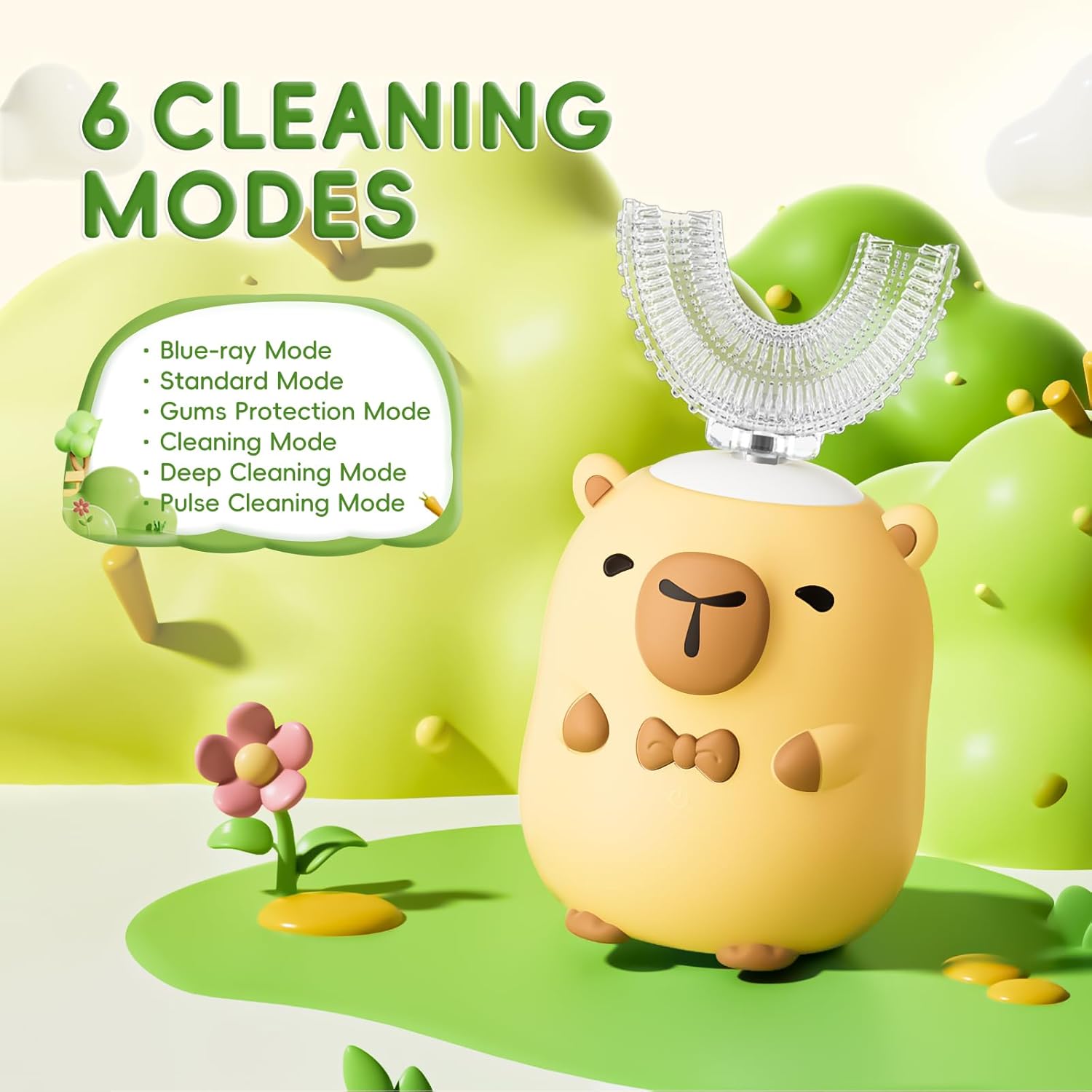 Cepillo de dientes eléctrico para niños en forma de U  Capybara de dibujos animados con 6 cabezales de cepillo, limpieza de grado completo, cepillo