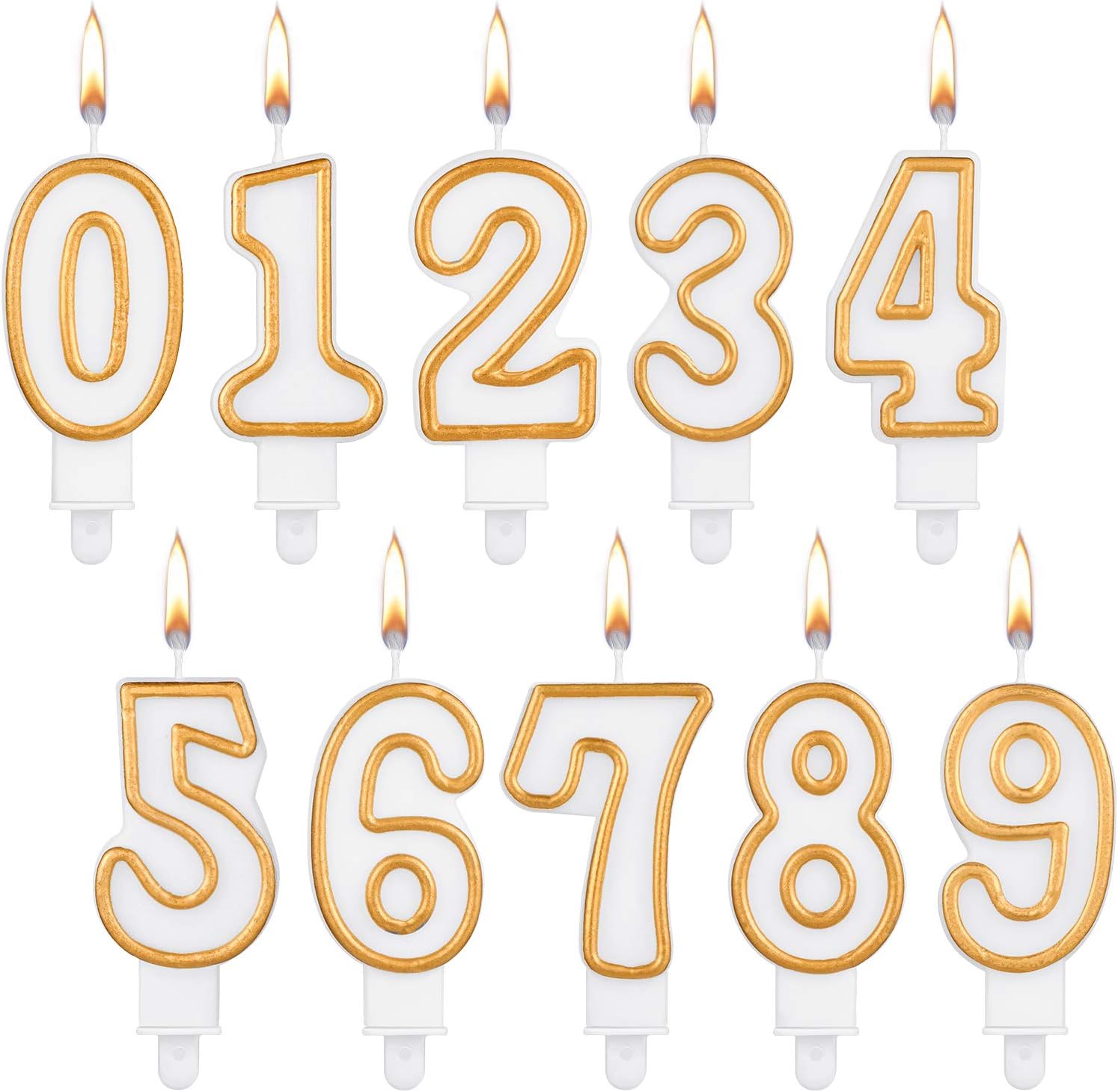 10 velas con números de pastel de cumpleaños, números del 0 al 9, velas blancas con bordes dorados, decoración de velas para decoración de bodas,