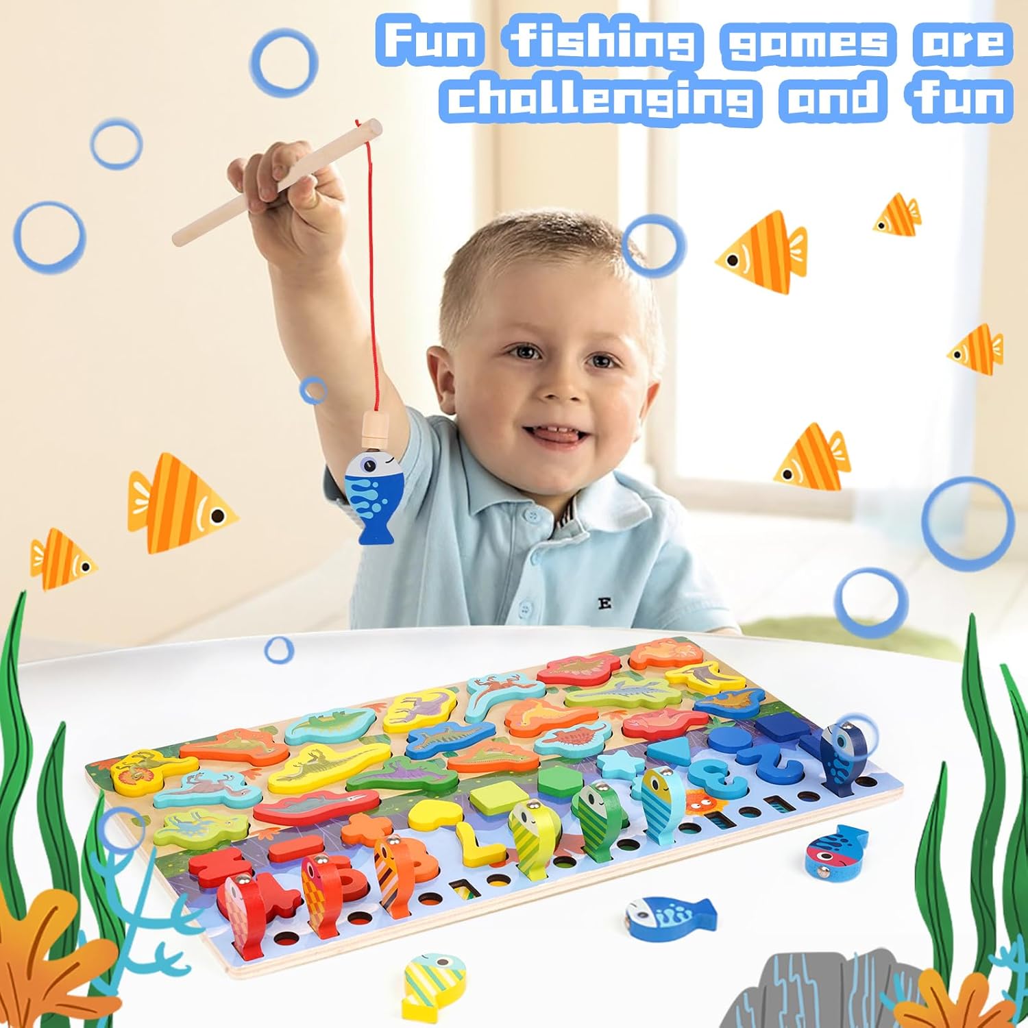 Rompecabezas de madera con forma de números de dinosaurios para niños pequeños, dinosaurios Montessori Matemáticas y contar, juego de pesca, tablero