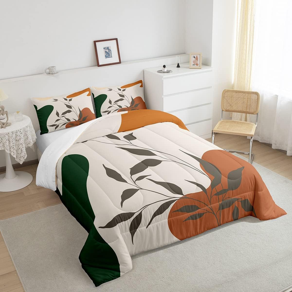 Juego de edredón de hojas, tamaño King, color naranja y verde, juego de ropa de cama para niños y niñas, retro, exótico, arte moderno, abstracto,