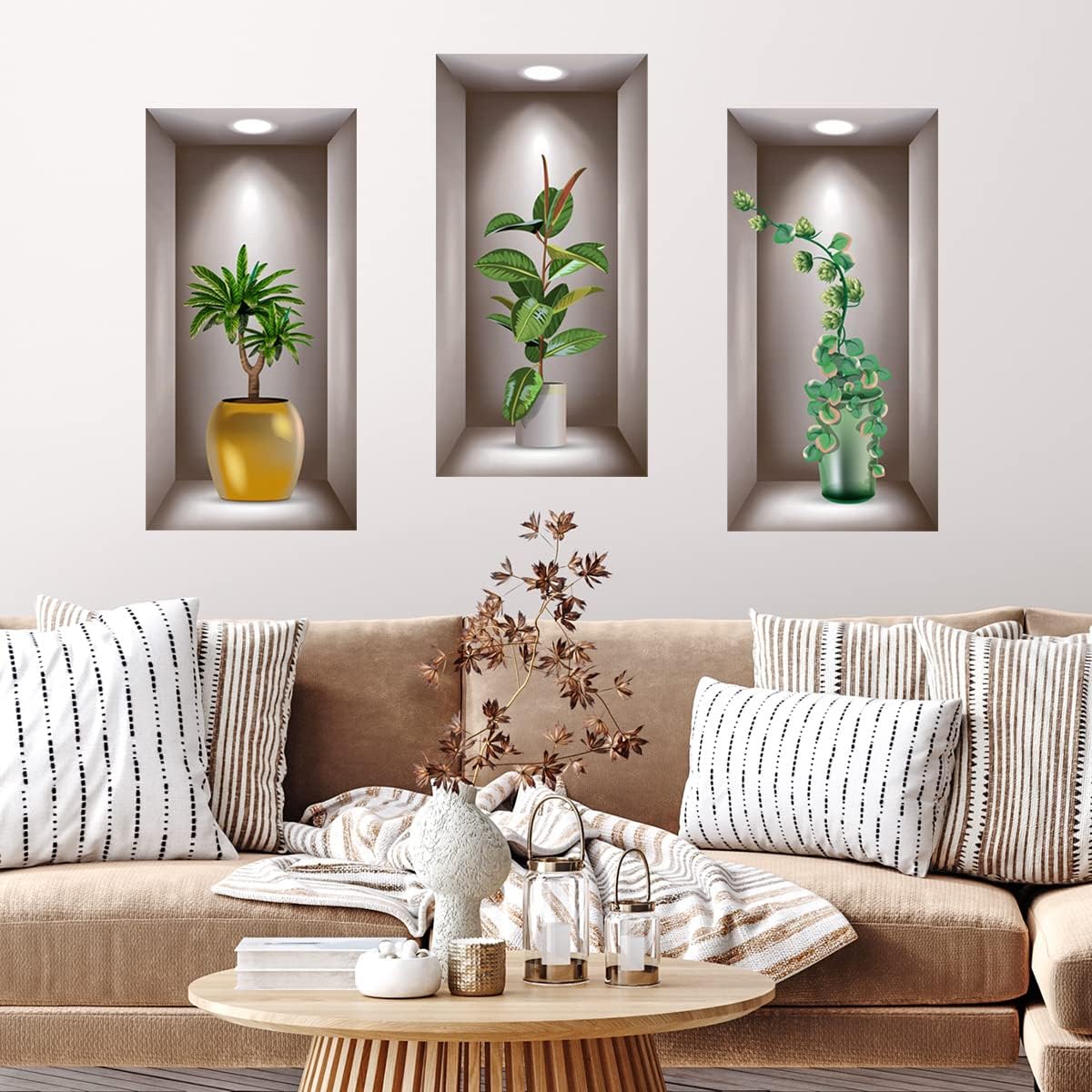Calcomanías de pared con plantas verdes 3D, 3 hojas de vinilo 3D removibles para pared, decoración de pared para sala de estar, oficina