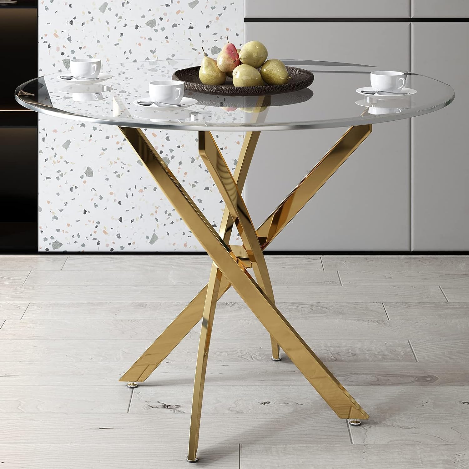 Mesa de comedor redonda de 36 pulgadas, mesa de comedor moderna con base de acero inoxidable dorado, mesa de comedor circular de vidrio templado