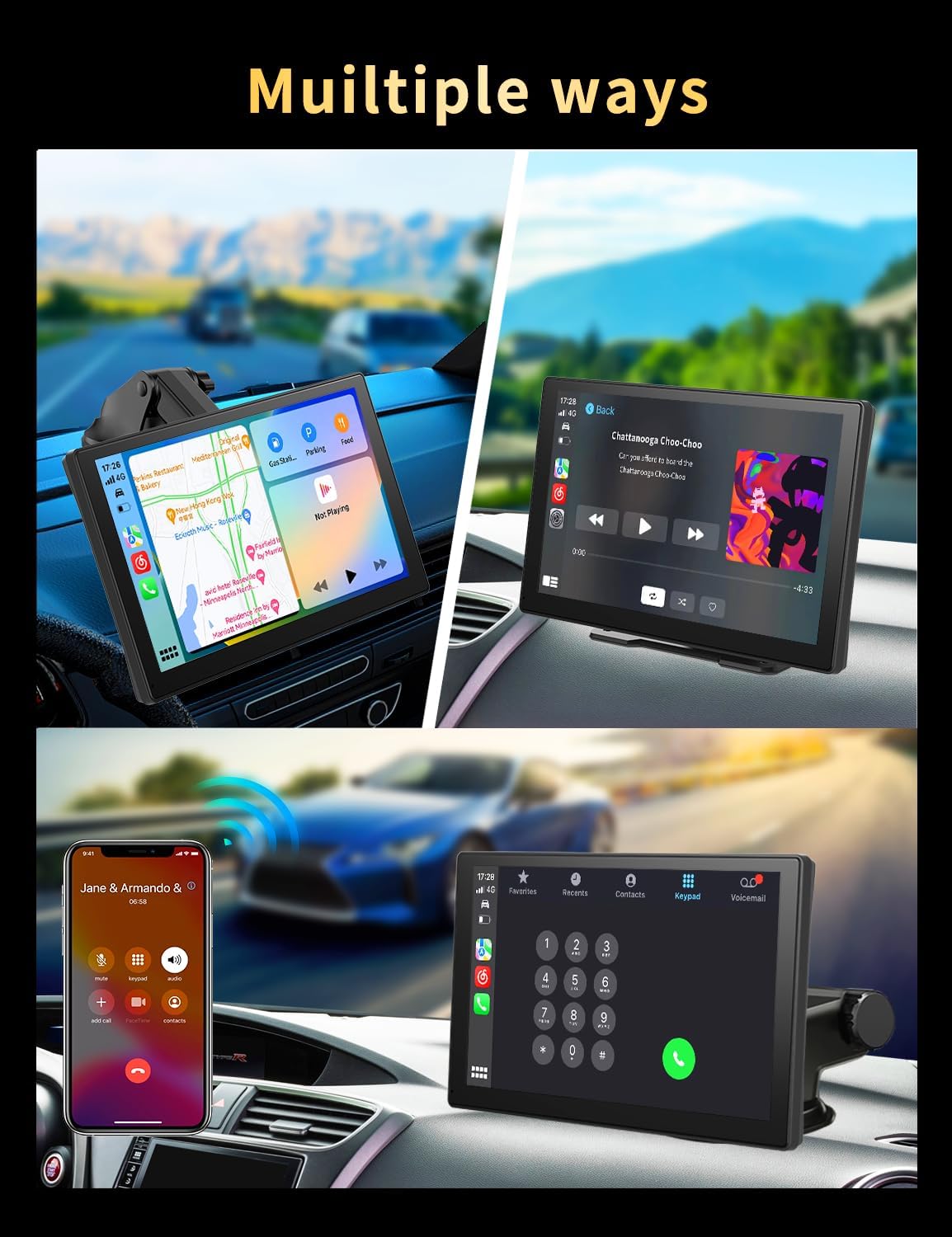 Pantalla Carplay portátil de 9 pulgadas con cámara de tablero 4K UHD, Apple Carplay inalámbrico y Android Auto Car Stereo, ADAS, cámara de respaldo