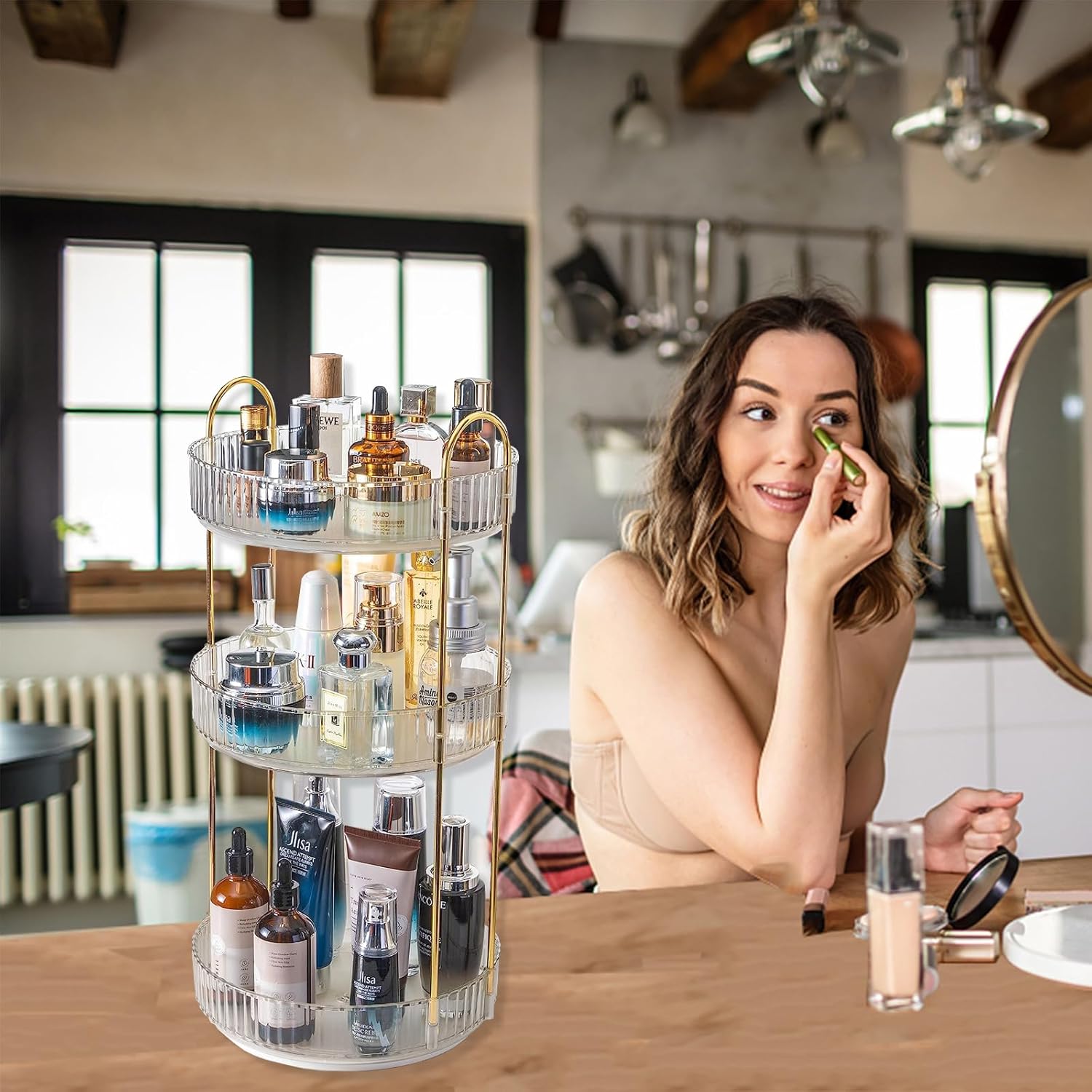 Organizador de maquillaje giratorio de 360, 2 niveles de gran capacidad, organizadores de maquillaje y almacenamiento, organizadores de tocador de