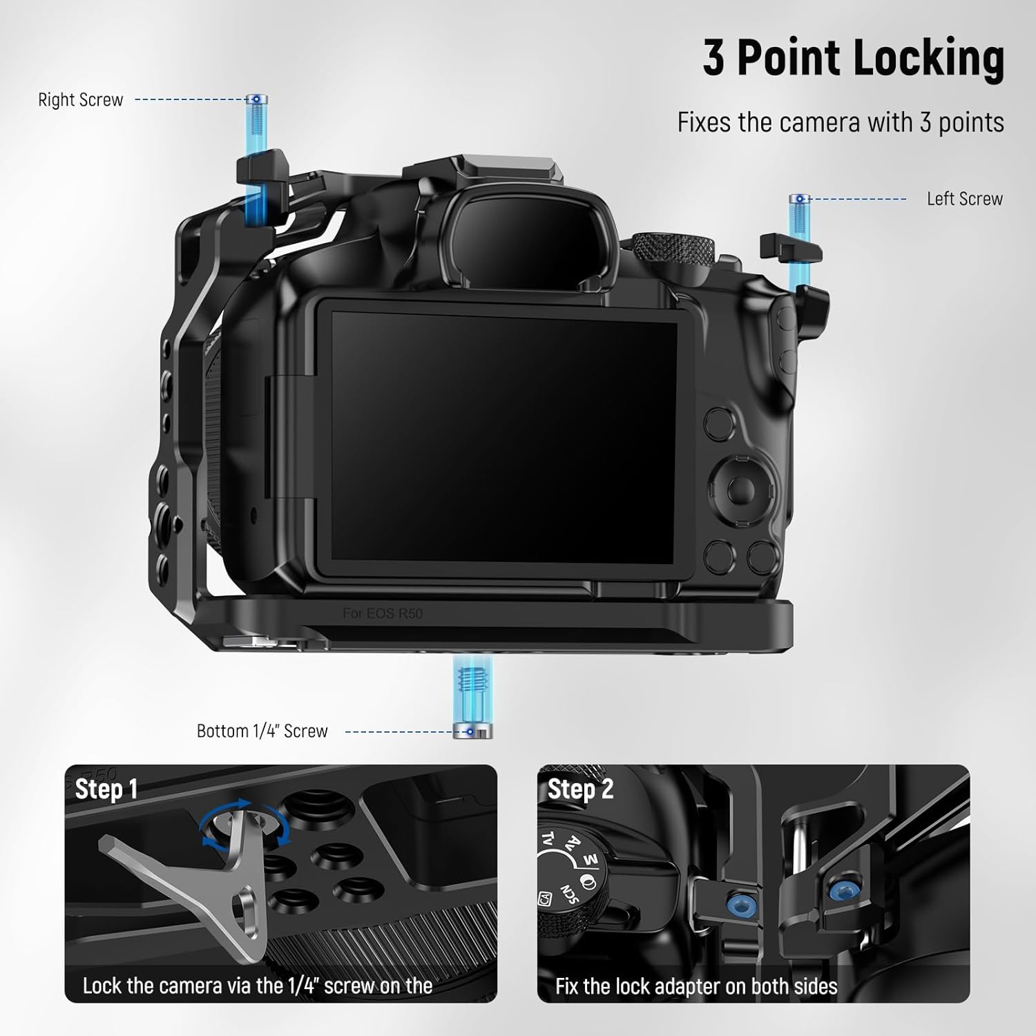 NEEWER Jaula para cámara R50 compatible con Canon EOS R50, plataforma de video de aluminio con riel OTAN, roscas de 14″, agujeros ARRI de 38″,