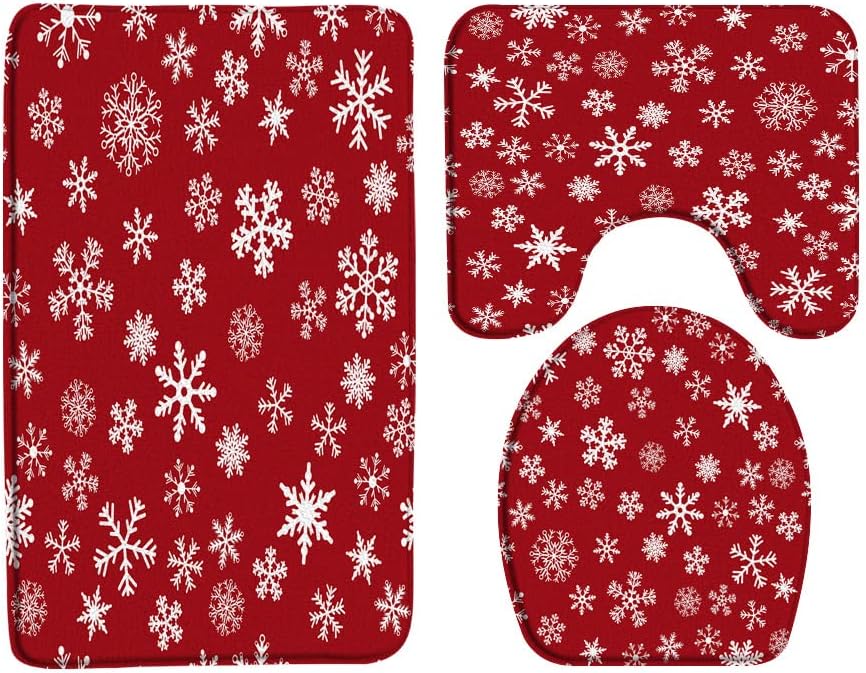 NYDSZNE Juego de 3 alfombrillas de baño con diseño de copos de nieve blancos y rojos, vintage, rutsic invierno, vacaciones, festivales, granja,