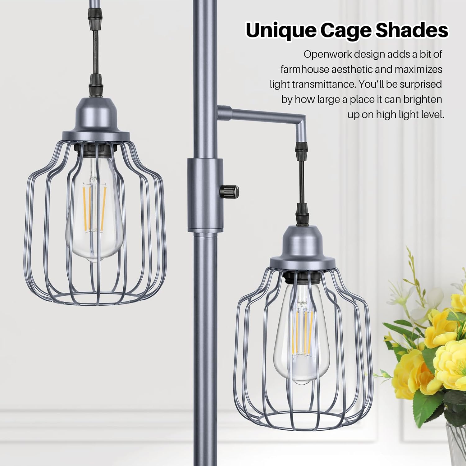 Lámpara de pie con 3 bombillas LED de edición, lámpara de pie alta de granja para sala de estar, regulable industrial rústico gris, árbol brillante,