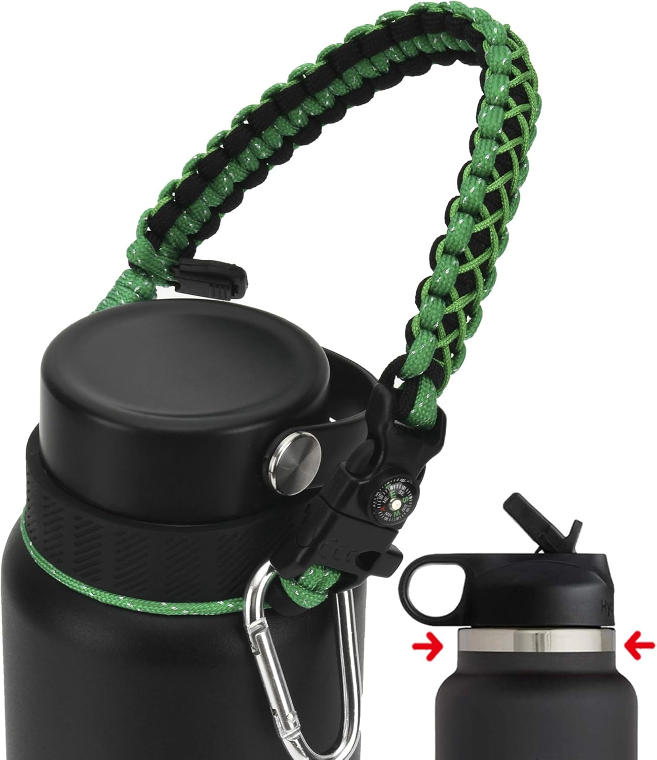 QeeCord – Asa de cuerda de paracaídas para botella Hydro Flask 2.0 de boca ancha estándar con anillo y mosquetón (12, 16, 18, 20, 32, 40 y 64 onzas)
