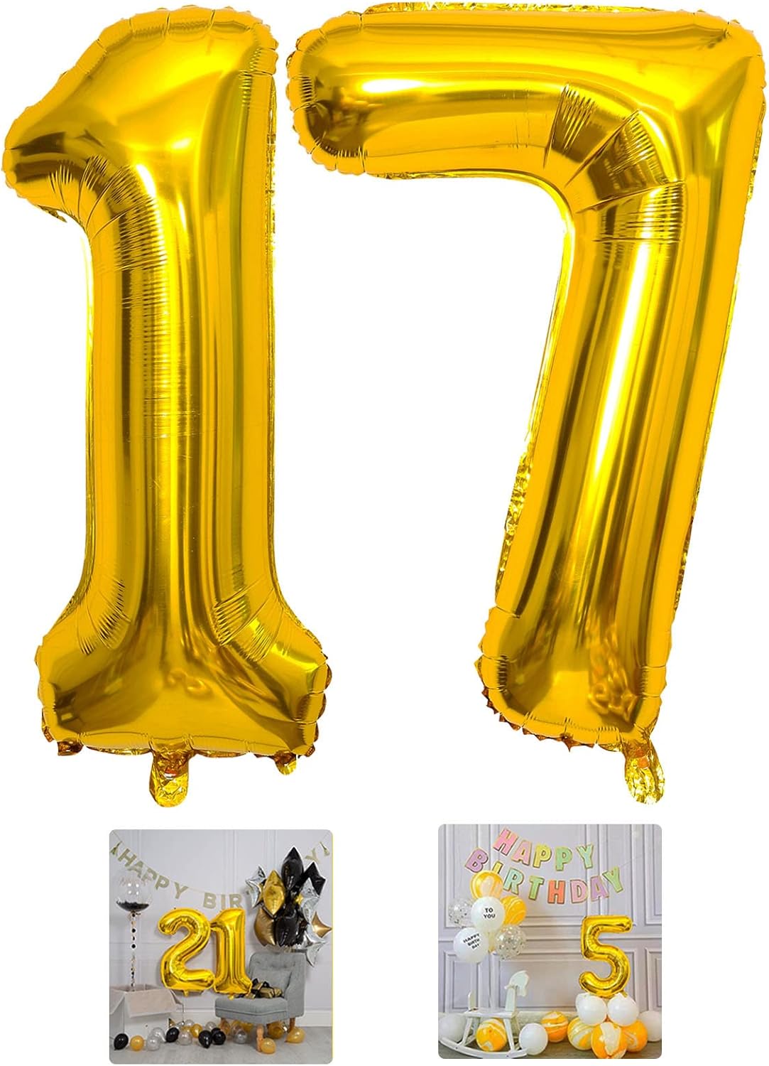 Globo dorado con el número 17 de 40 pulgadas, globos grandes de Mylar para niños de 17 años, decoraciones de fiesta de cumpleaños, bodas,