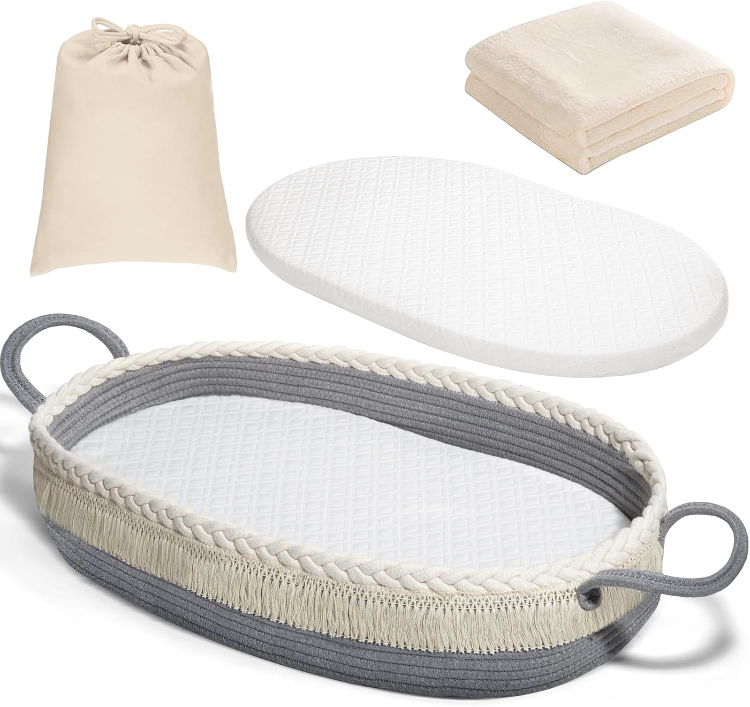 Cesta cambiadora para bebé, cesta de moisés con almohadilla impermeable y manta, cesta tejida portátil y lavable para tocador y cambio de pañales