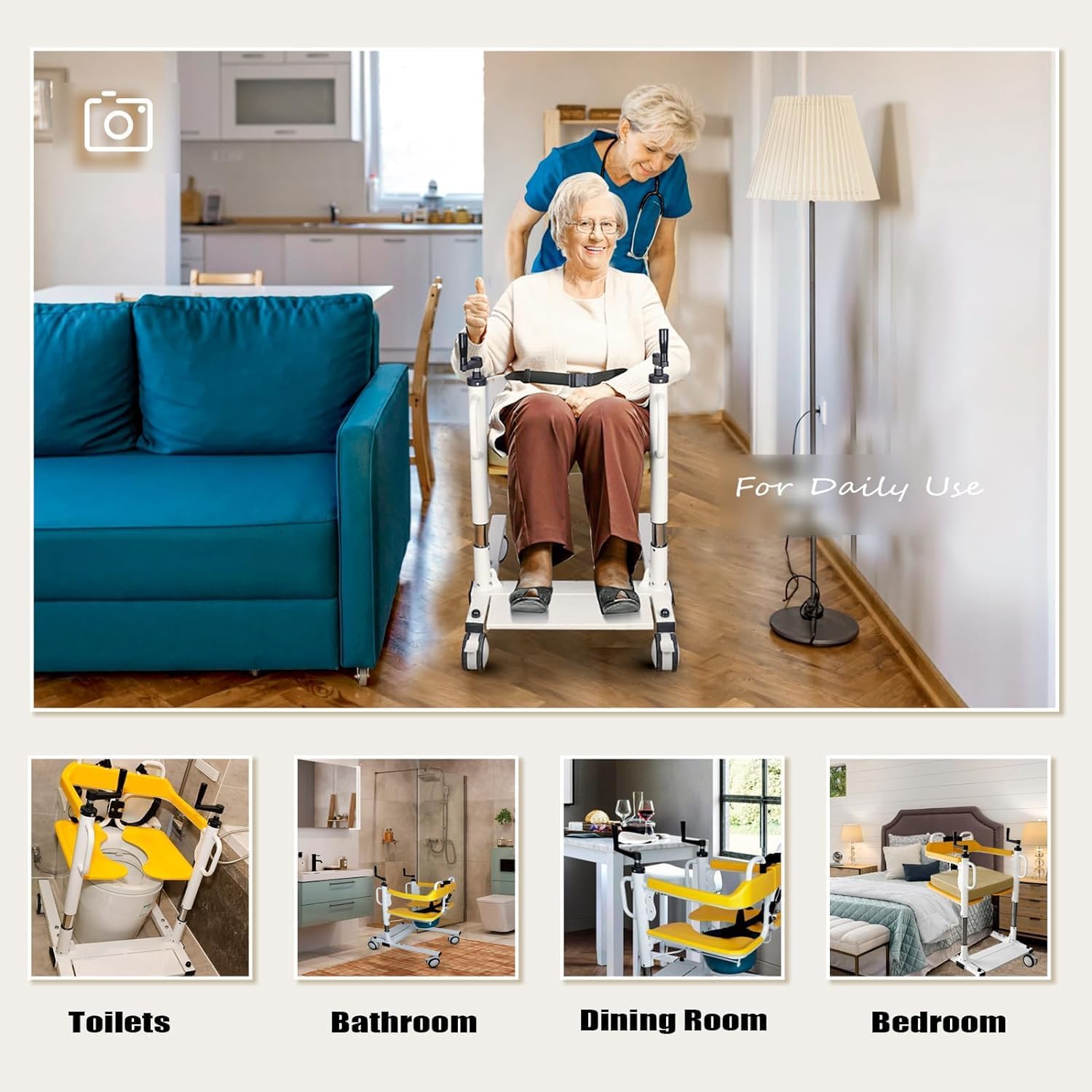 Silla de transferencia de paciente 5 en 1, versátil silla de ruedas para personas mayores, altura ajustable para el hogar y el hospital, ropa de