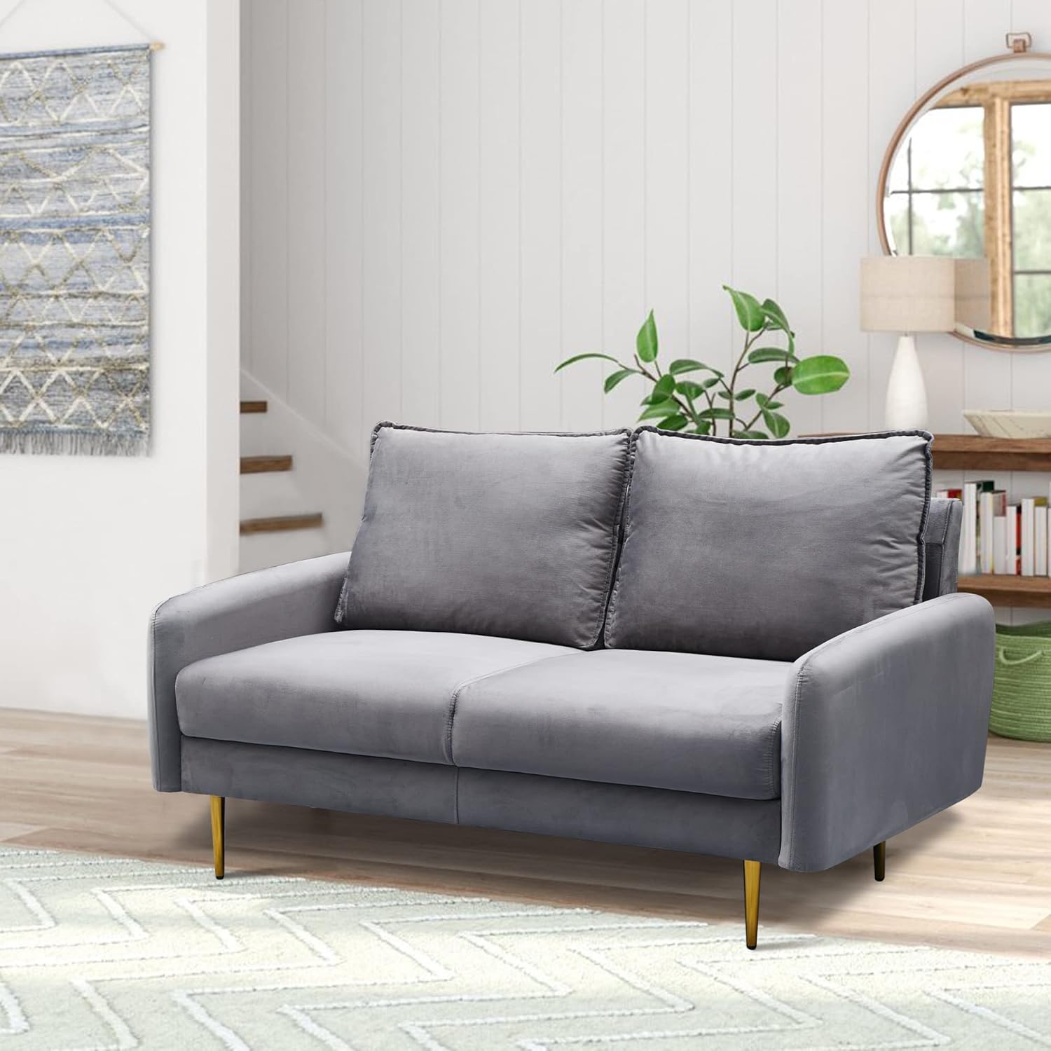 Sofá biplaza de terciopelo moderno con patas de metal para sala de estar, dormitorio, oficina, sala de juegos, color gris