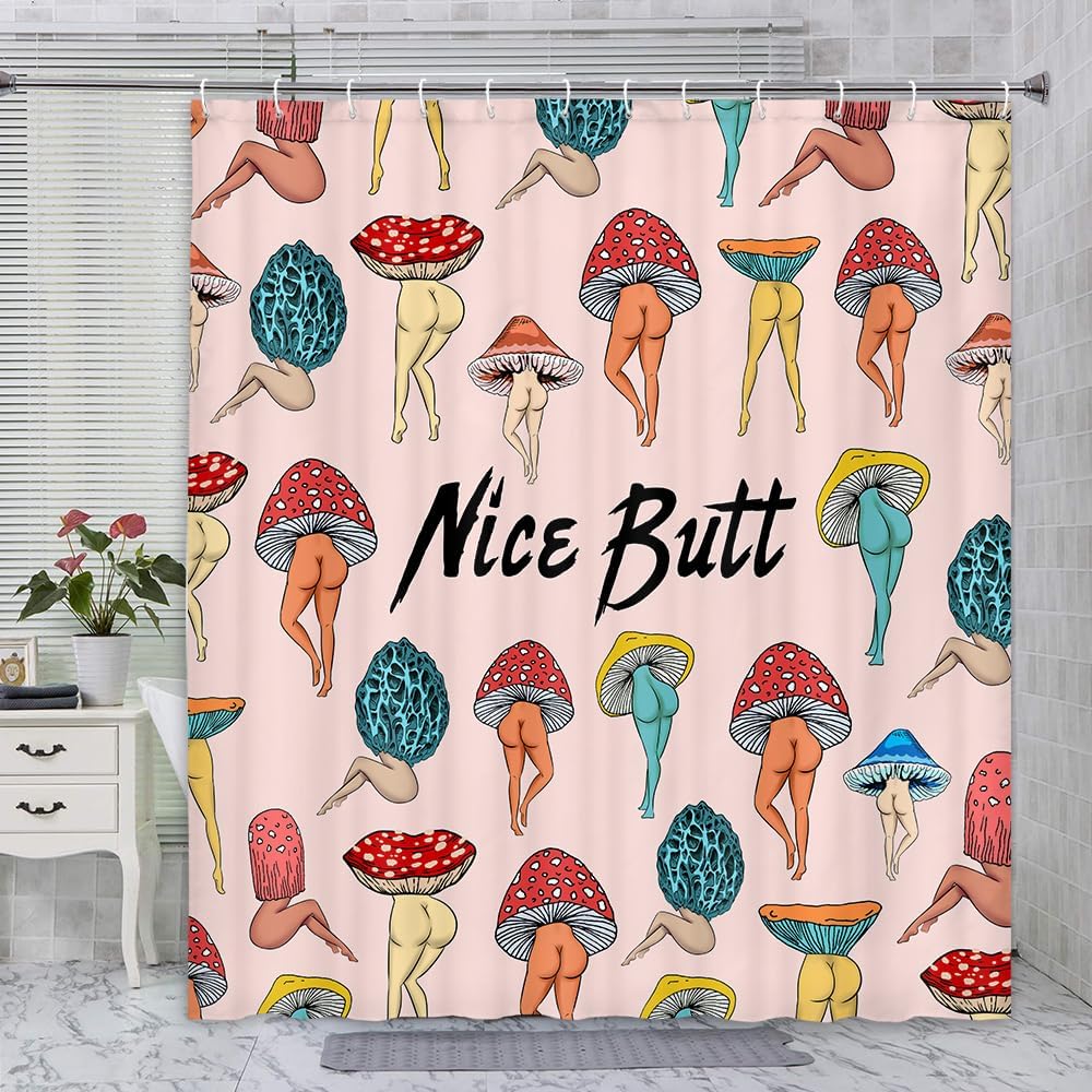 Divertida cortina de ducha con trasero de hongo, divertida y sexy, de los años 70 y 80, cortinas de ducha para baño, hippie, psicodélico, estético,