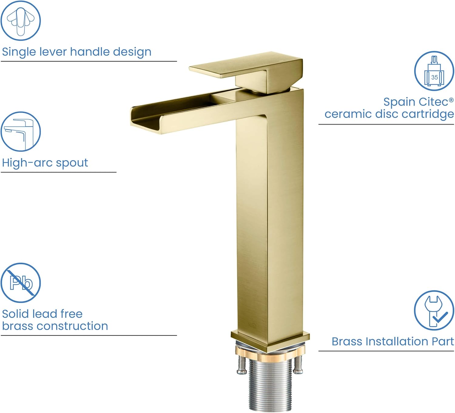 KIBI Grifo de recipiente de una sola manija para lavabo de baño  Caño de latón macizo de arco alto (oro cepillado) (KBF1005) (drenaje desplegable