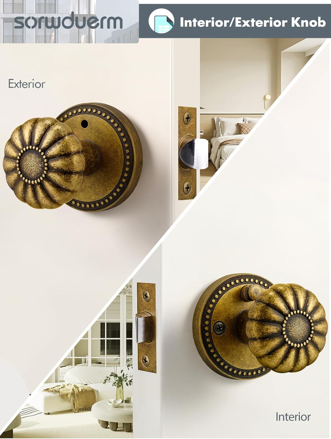 Perillas de puerta de latón antiguo, pomo de puerta de privacidad interior con cerradura para dormitorio y baño, aleación de zinc, paquete de 2