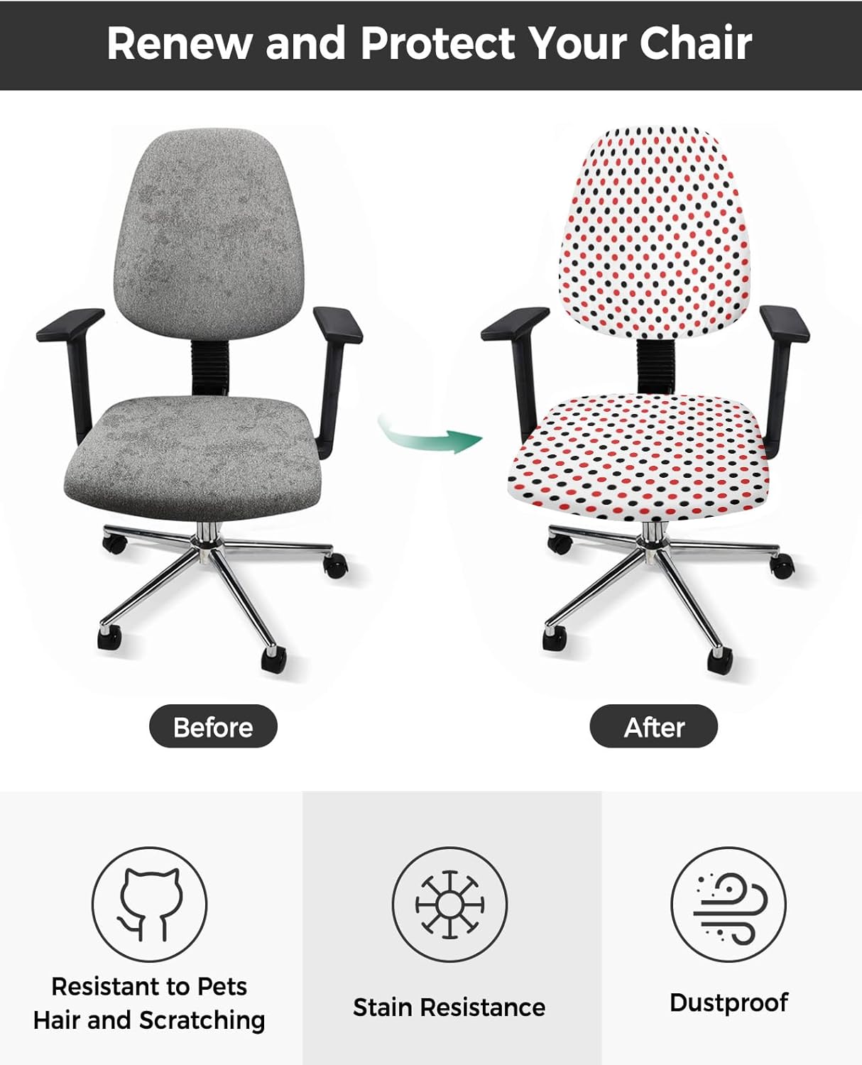 ALAGEO Funda para silla de oficina, diseño de lunares, patrón geométrico, rojo y negro, protector y elástico, universal giratorio, 2 piezas para