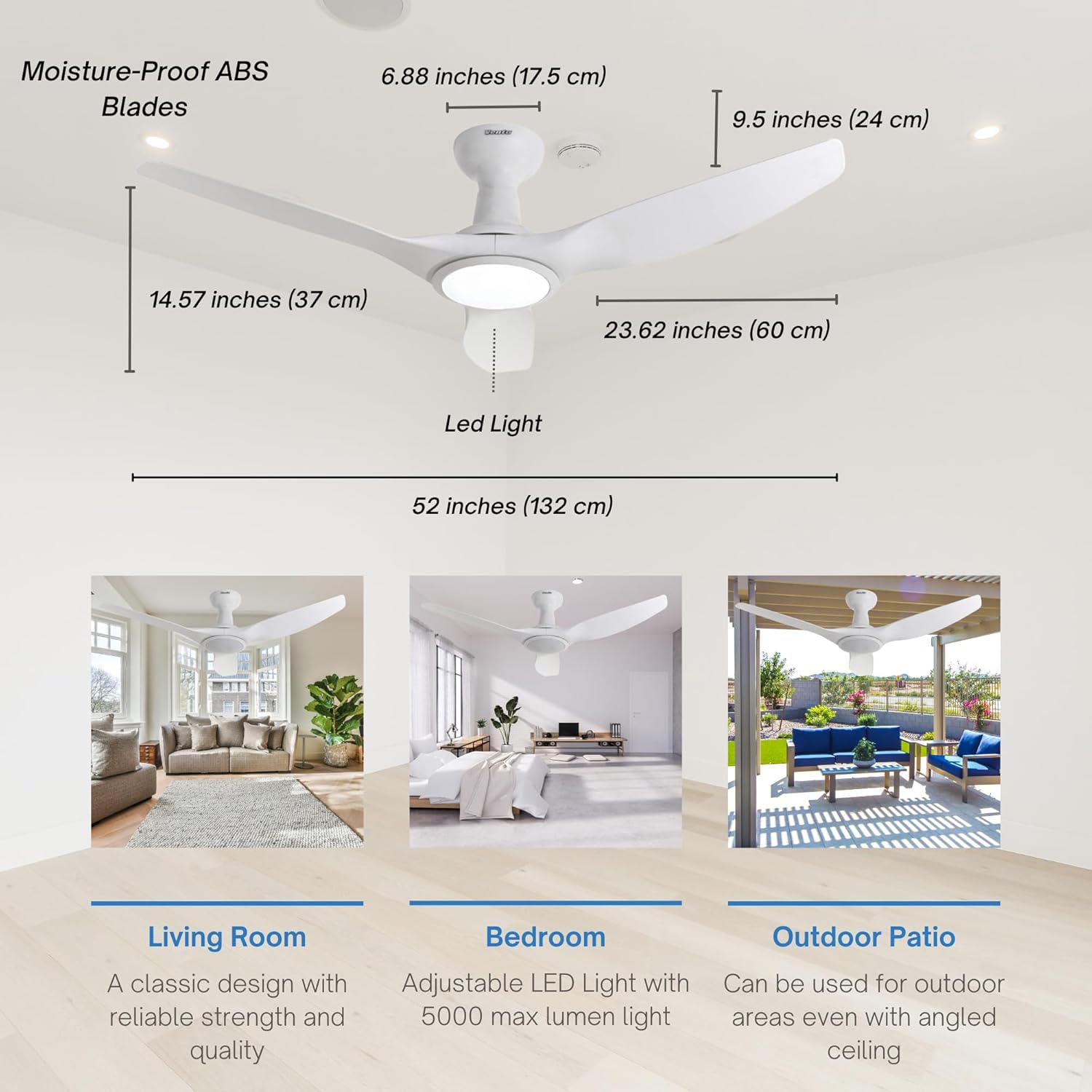 Venta Ventiladores de techo de 3 aspas con certificación ETL de 52 pulgadas con control remoto de luces, ventilador de techo blanco con luz LED y