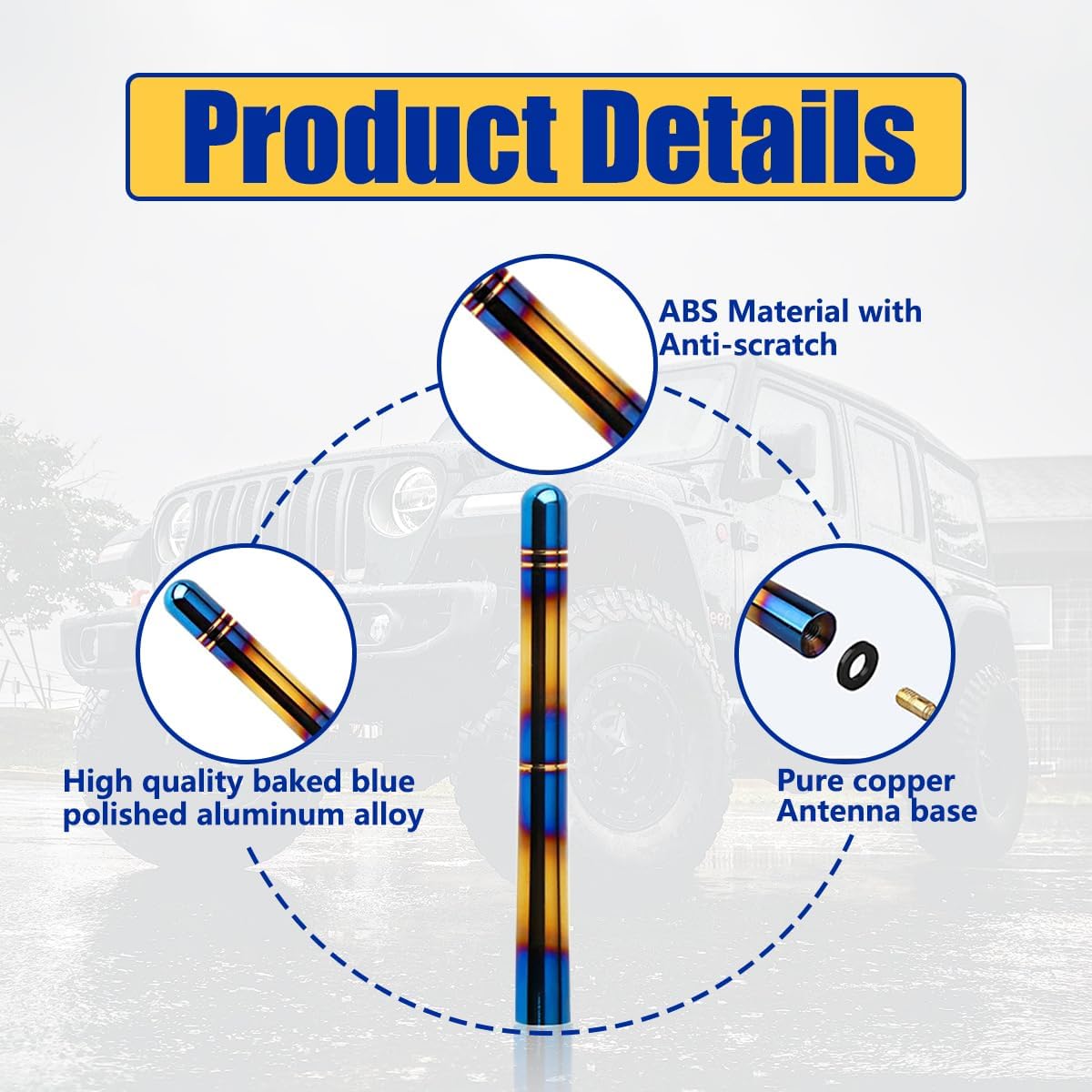 Kewucn Antena de radio corta para automóvil, 4.7 pulgadas, superficie pulida de aluminio azul horneado, mástil de antena automática, antena de radio