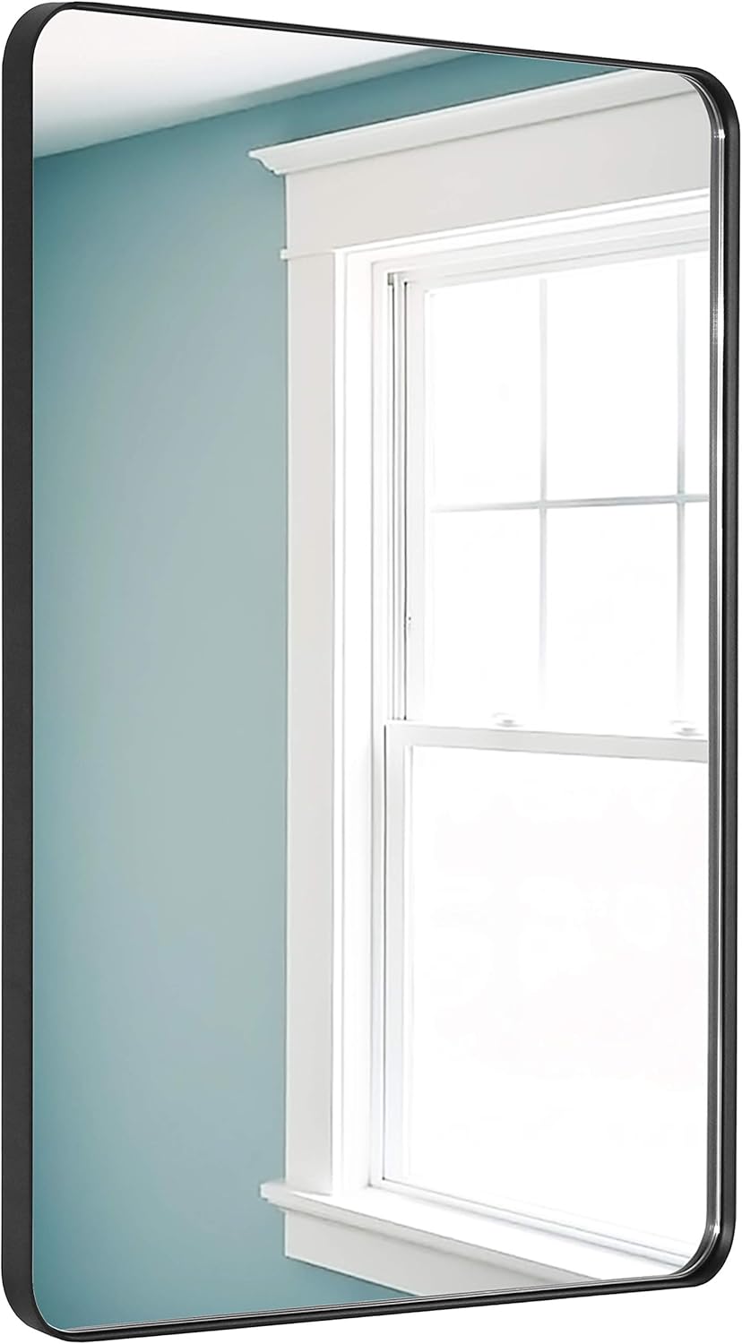 Espejo de pared para baño, espejo de esquina redondeada, marco de metal negro, 22 x 30 pulgadas, se cuelga horizontal o vertical