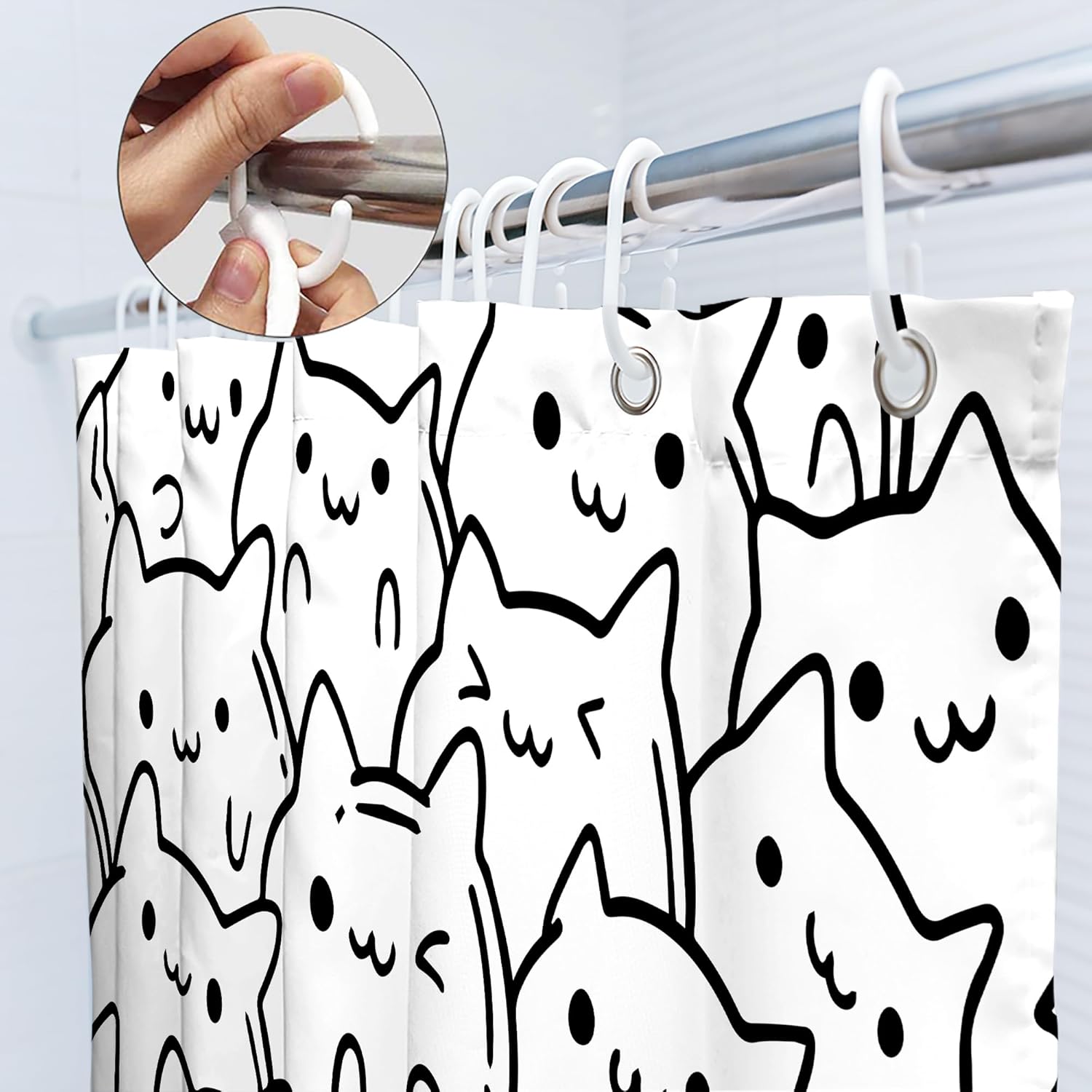 SVBright Cortina de ducha con diseño de gato de 60 pulgadas de ancho x 72 pulgadas de largo para niños, divertida, negro, blanco, animal, linda,