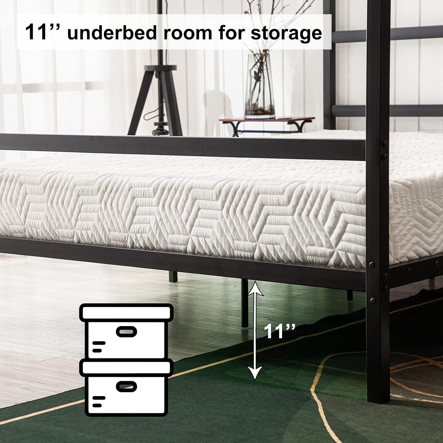 Bonnlo Marco de cama con toldo negro tamaño matrimonial con cabecero, plataforma de metal de 10 pulgadas con 4 carteles, no necesita somier