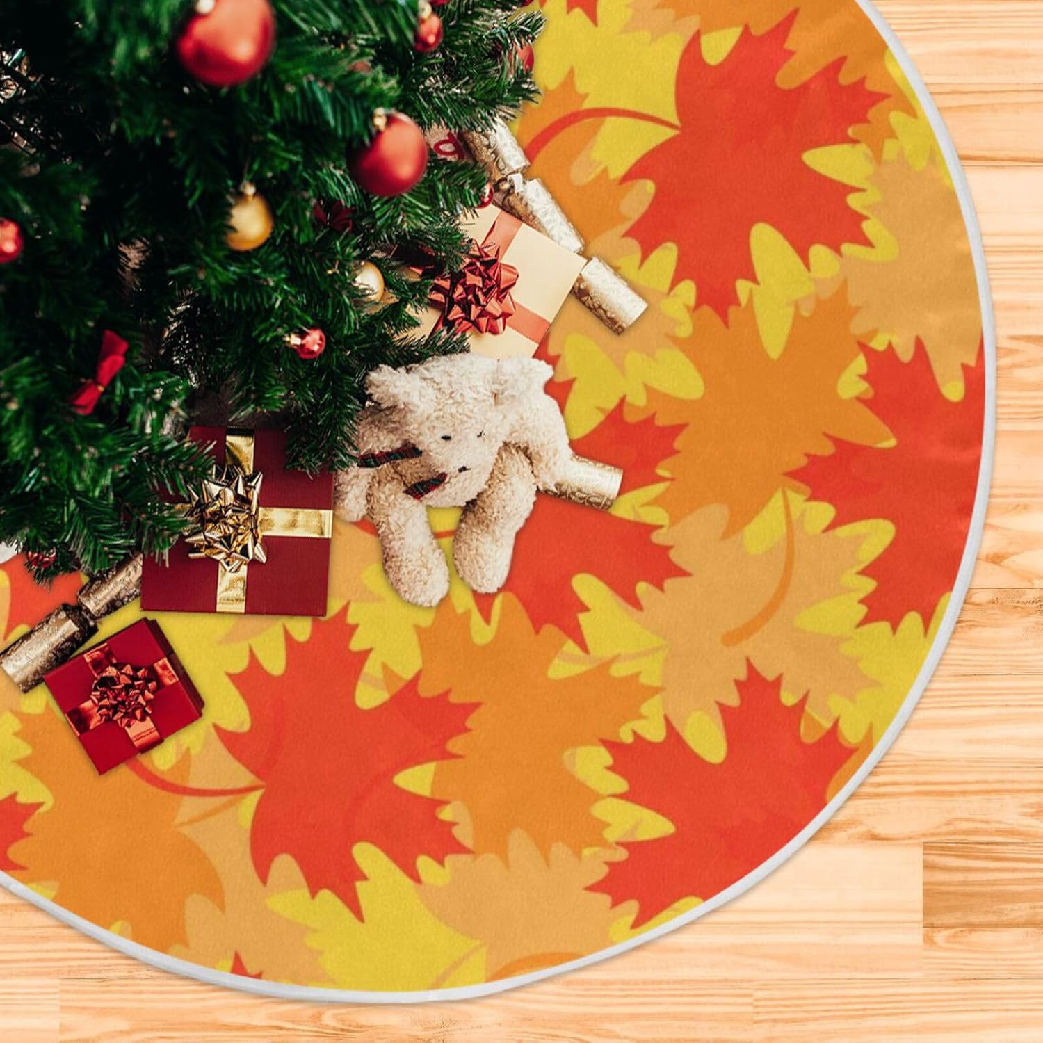 Falda de árbol de Navidad de hojas rojas y amarillas, falda suave para árbol de Navidad, falda de árbol de Navidad, faldas de Navidad para árboles