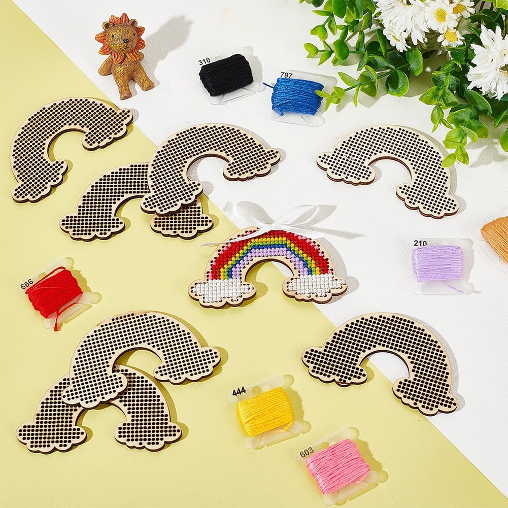OLYCRAFT Kit de 31 piezas de punto de cruz, kit de bordado de punto de cruz, arco iris de madera, juego de espacios en blanco de punto de cruz,