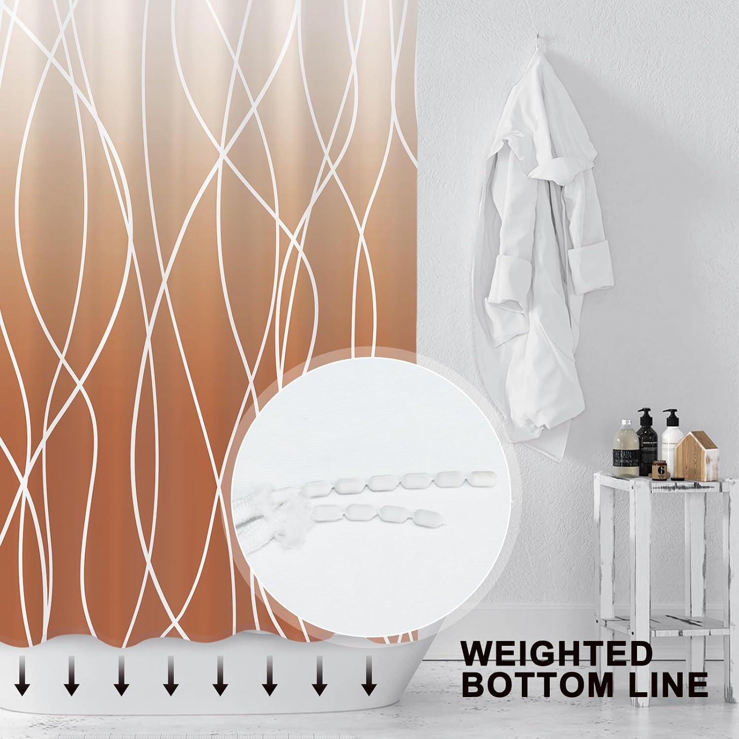 Punkray Cortina de ducha de tela a rayas naranja quemada para baño con 12 ganchos, cortinas de ducha para baño, accesorios de baño impermeables