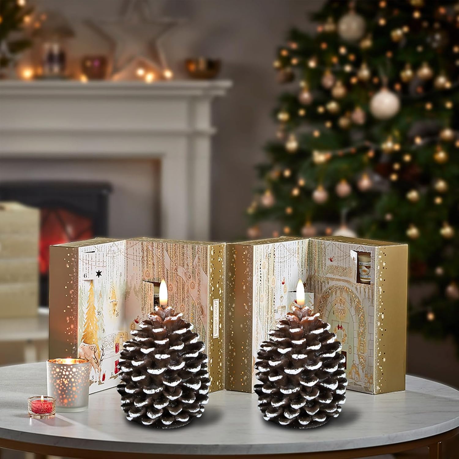Wondise Velas sin llama con temporizador, funciona con pilas, con mecha 3D, velas de cono de pino de cera real para decoración de interiores de