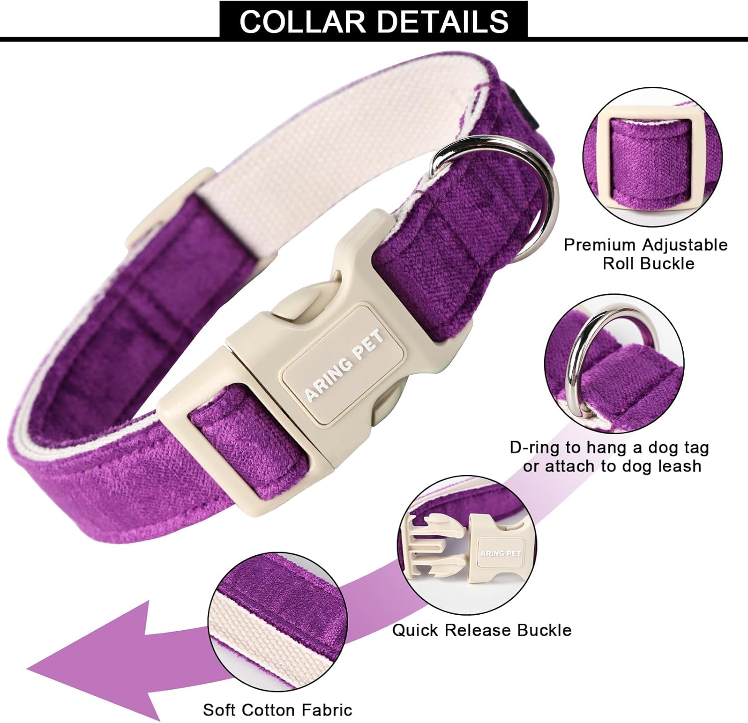 ARING PET Collar de algodón morado para perro, ajustable, lindo collar para perro pequeño con hebilla duradera